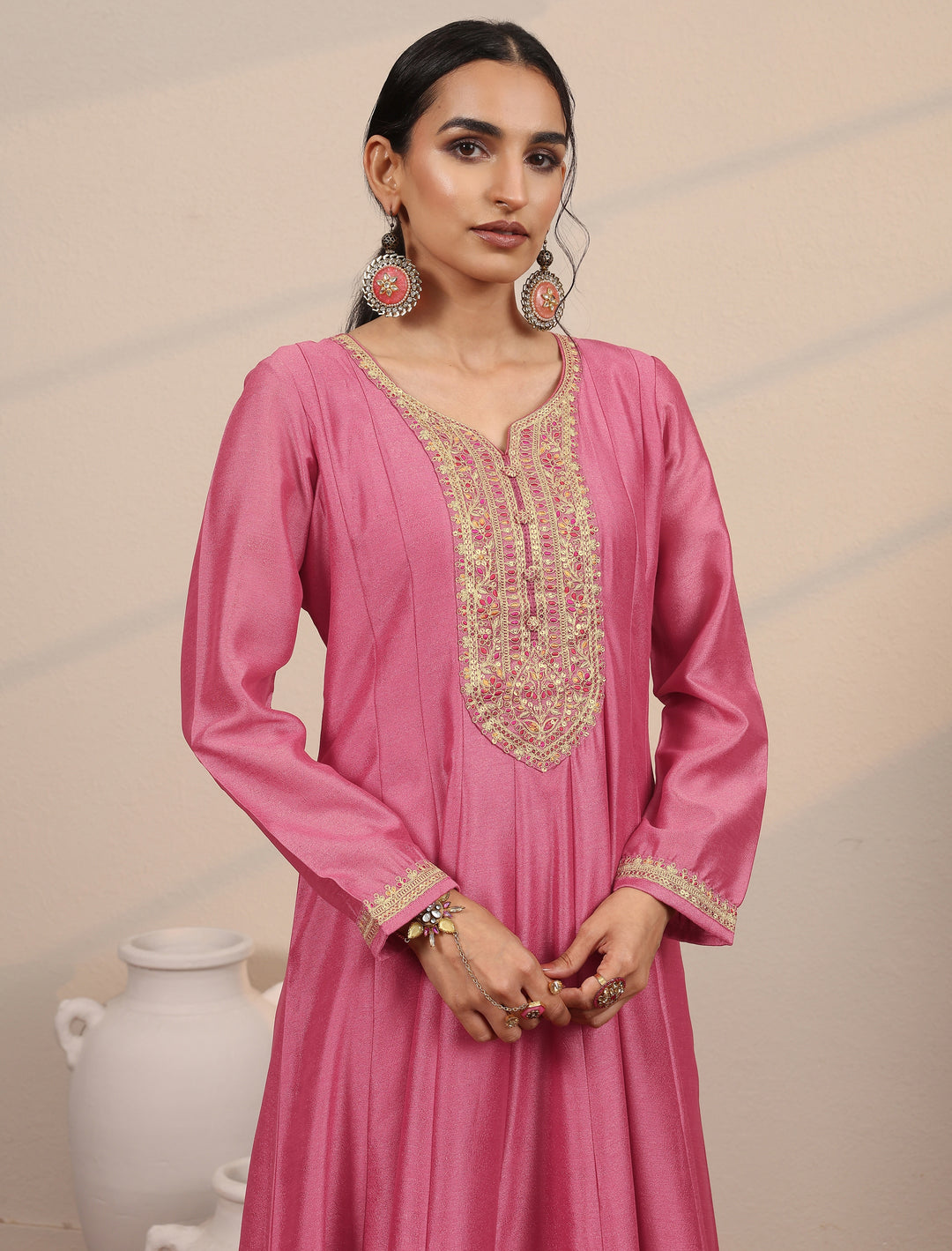  Peach Embroidered Silk Blend A-Line Gown With Dupatta 