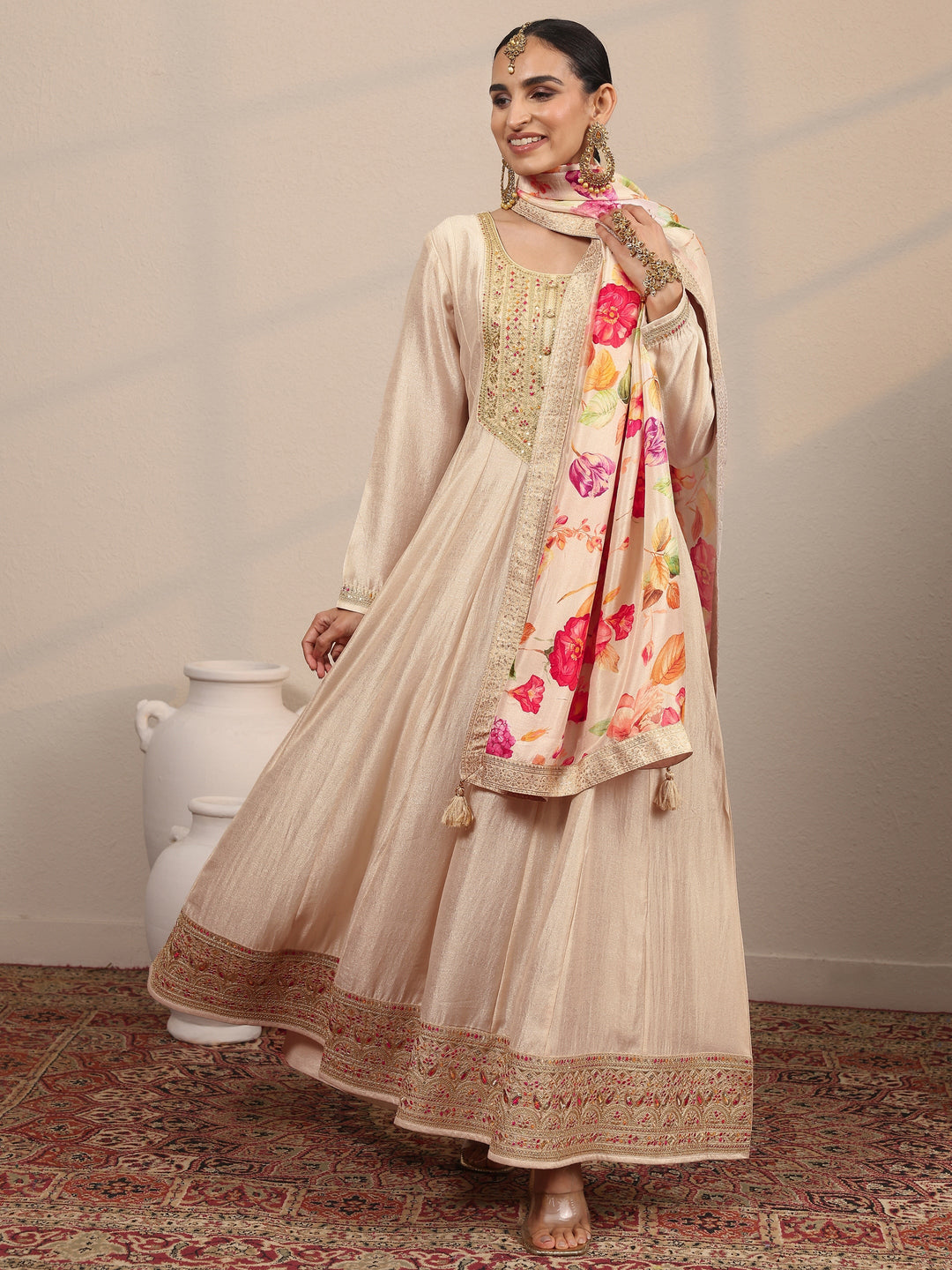  Off White Embroidered Silk Blend A-Line Gown With Dupatta 