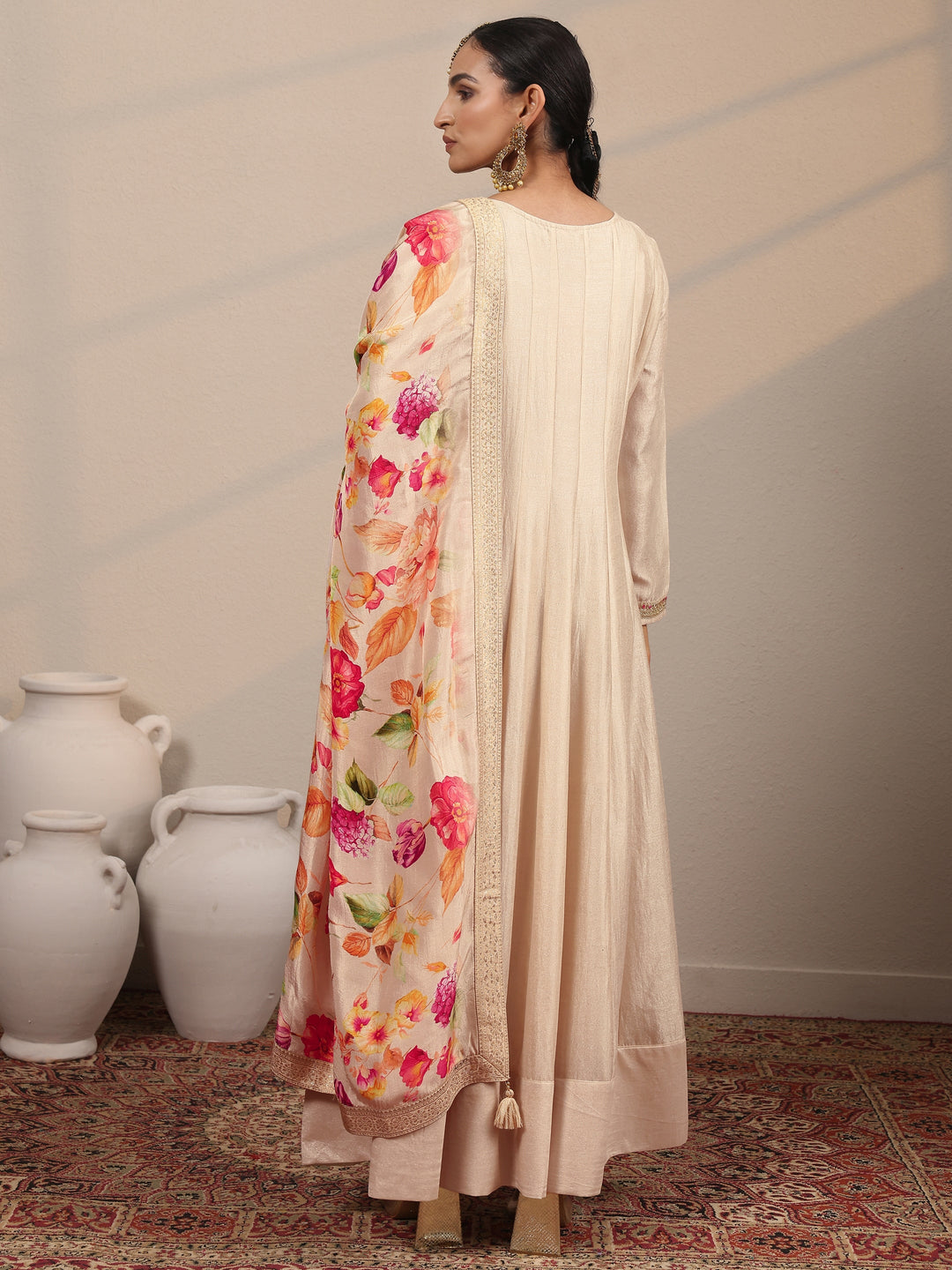  Off White Embroidered Silk Blend A-Line Gown With Dupatta 