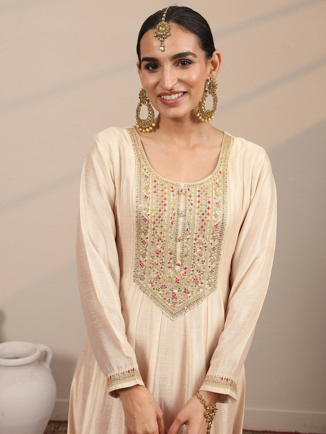  Off White Embroidered Silk Blend A-Line Gown With Dupatta 