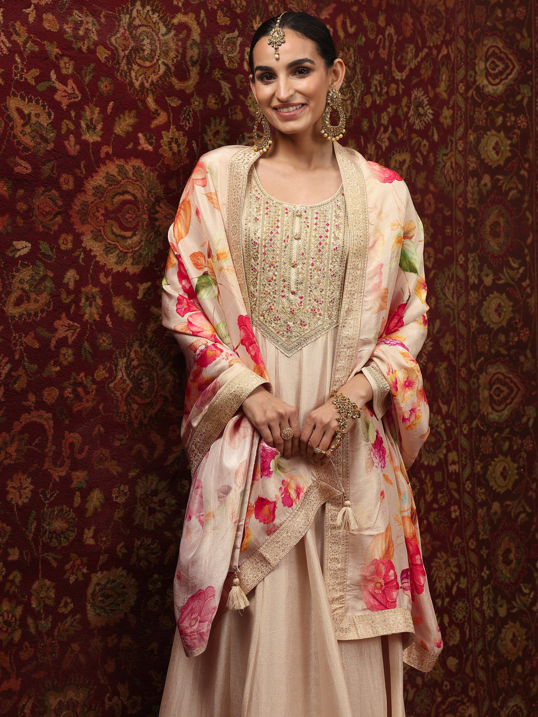Off White Embroidered Silk Blend A-Line Gown With Dupatta
