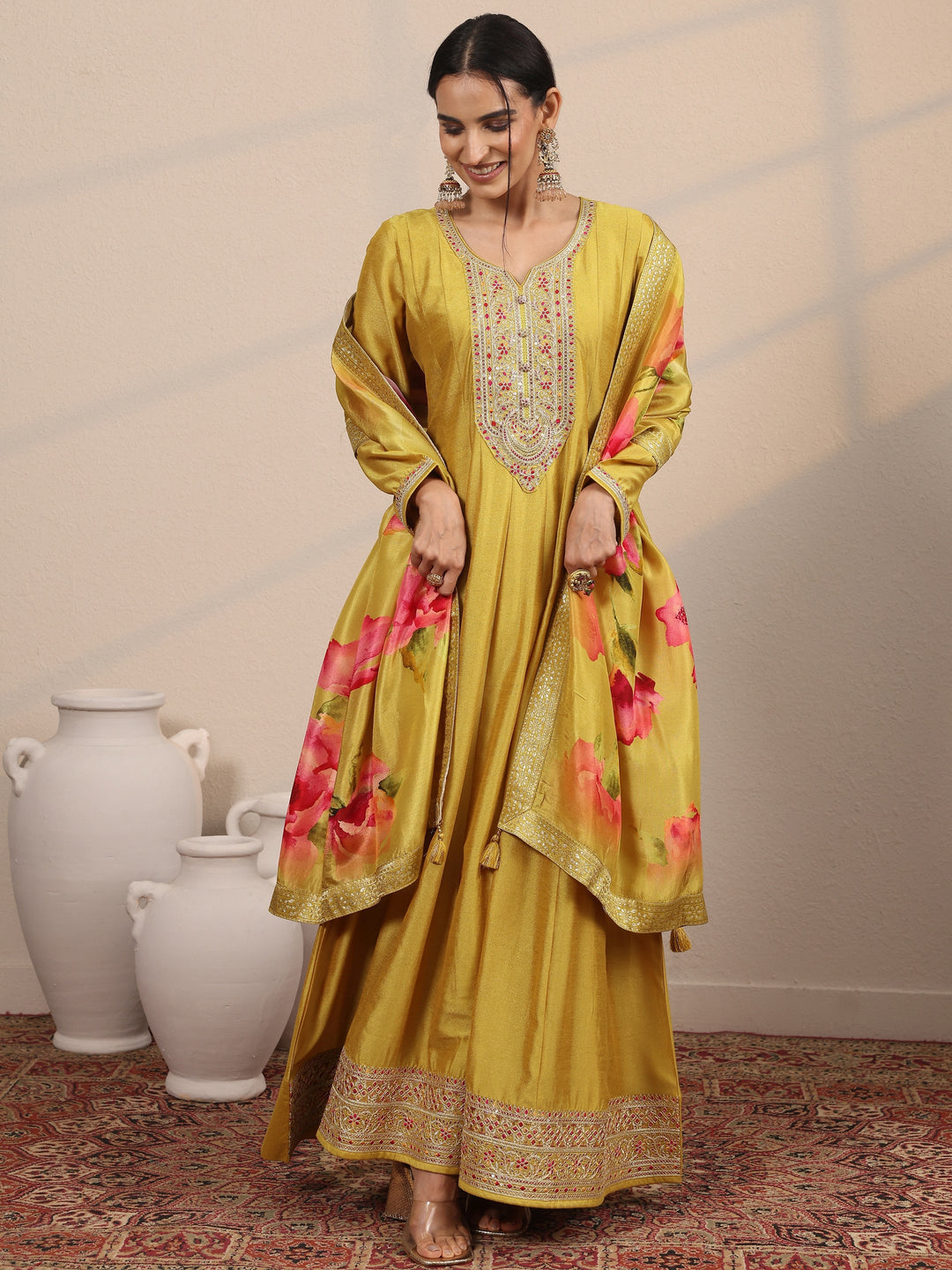 Mustard Embroidered Silk Blend A-Line Gown With Dupatta
