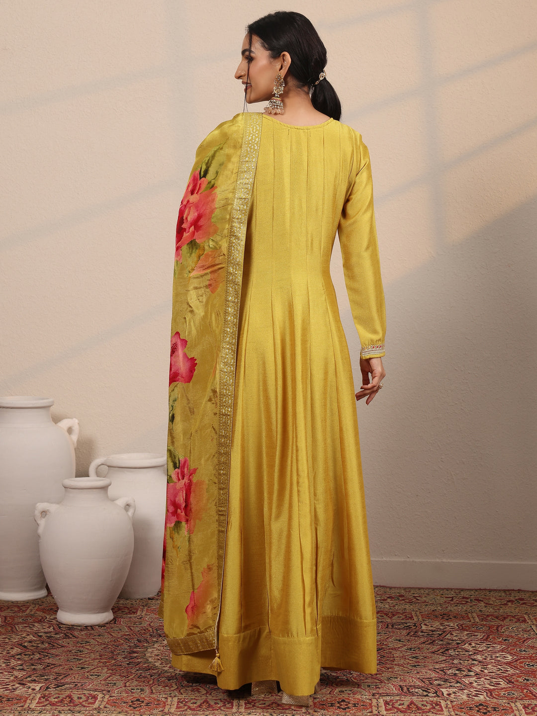  Mustard Embroidered Silk Blend A-Line Gown With Dupatta 