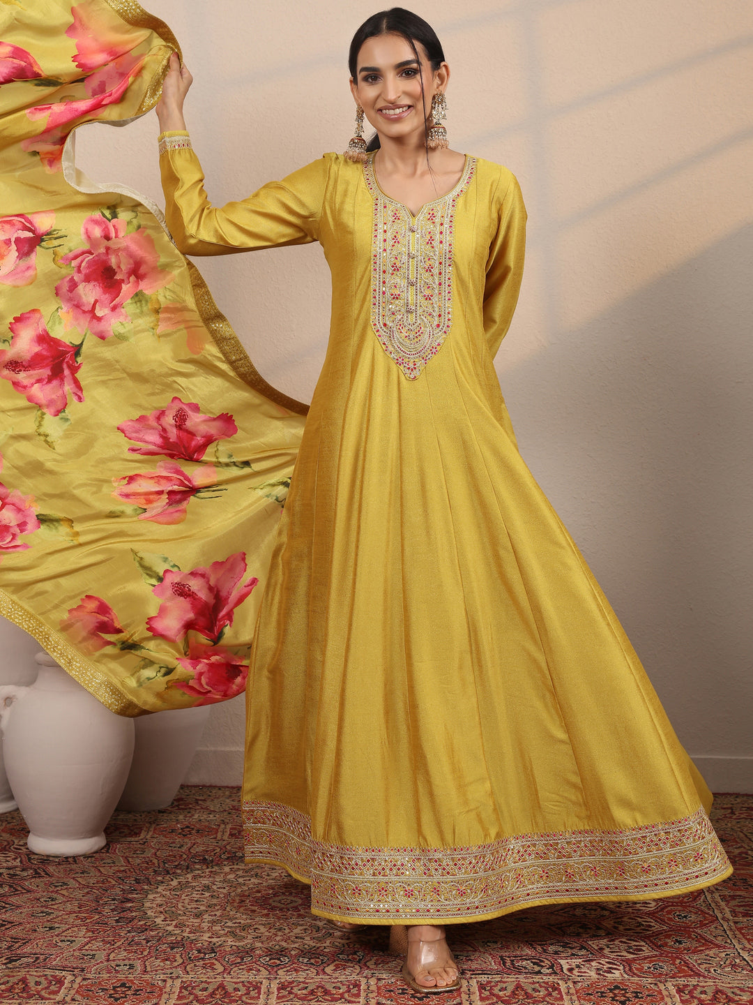  Mustard Embroidered Silk Blend A-Line Gown With Dupatta 