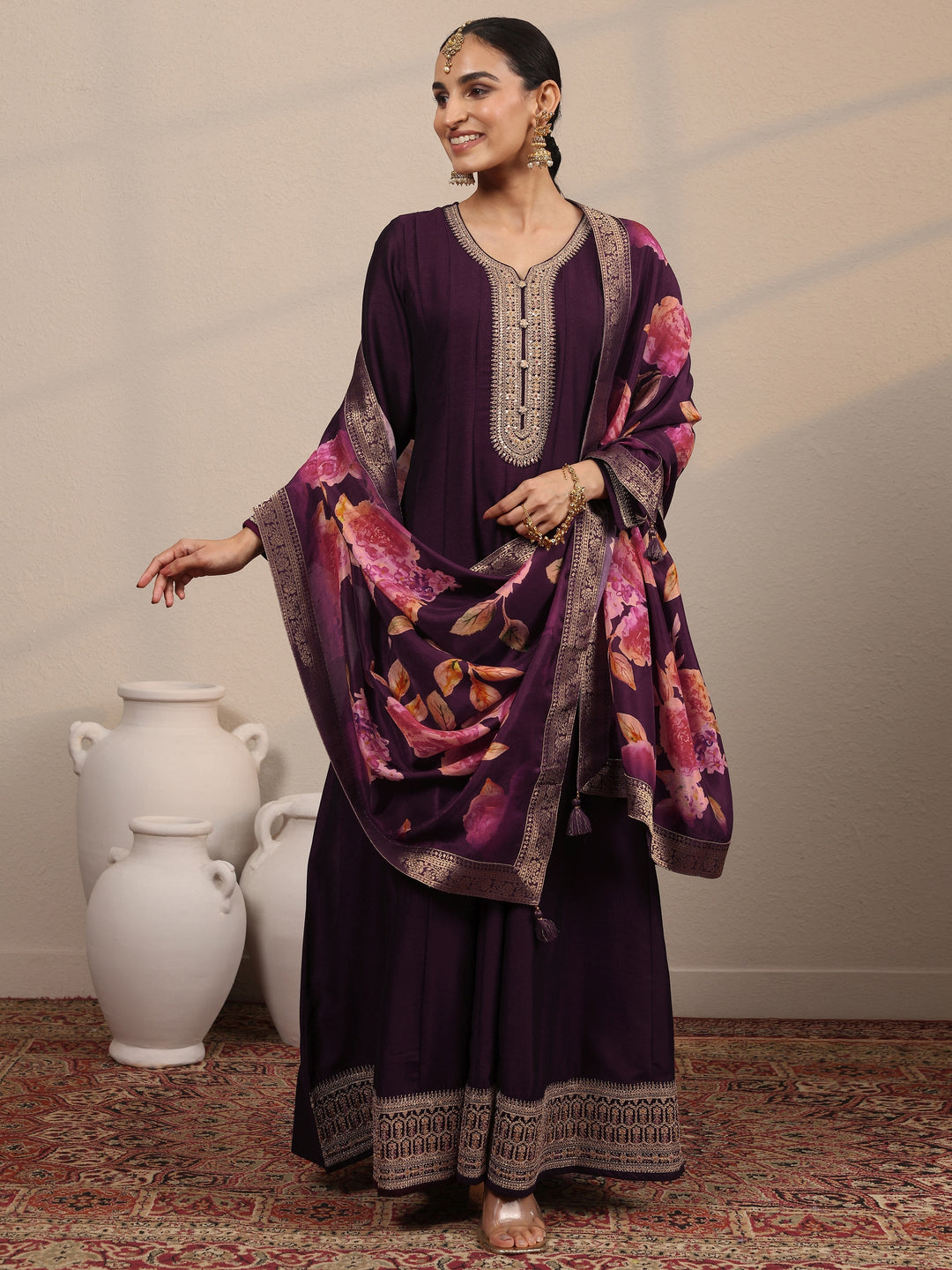Burgundy Embroidered Silk Blend A-Line Gown With Dupatta