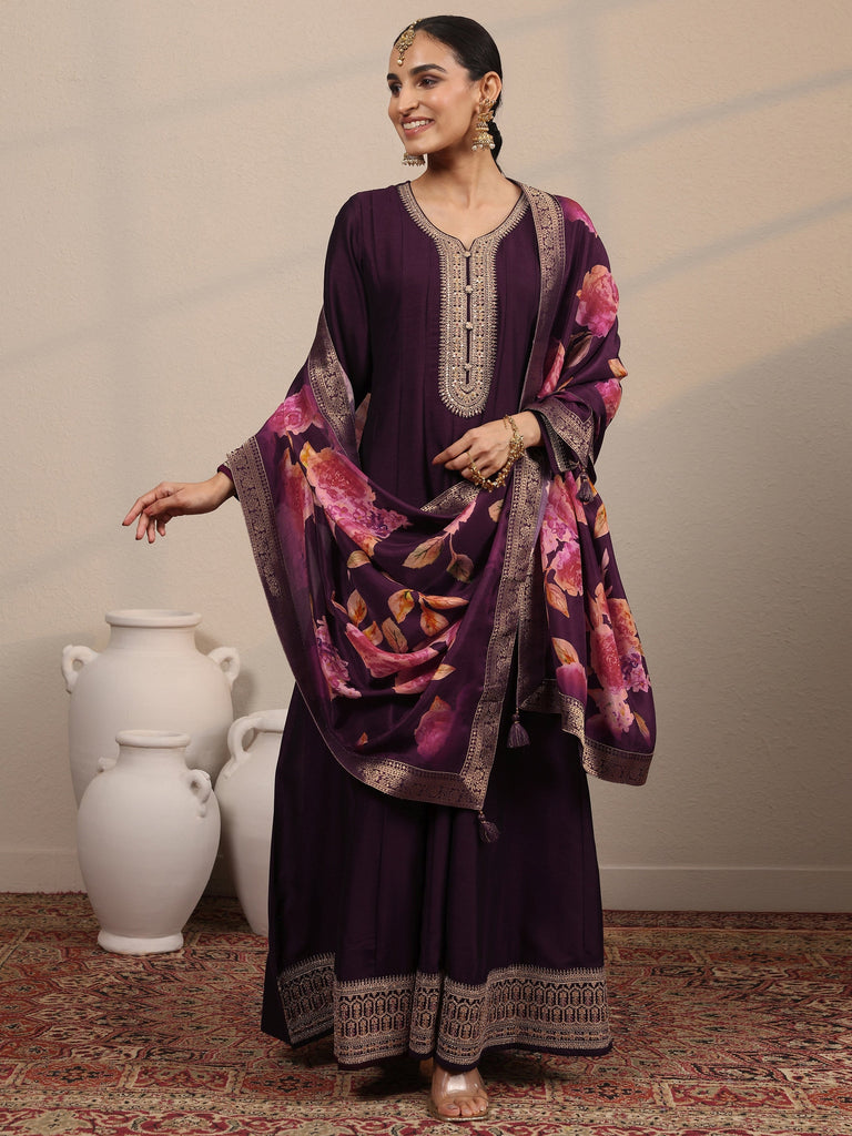 Libas Burgundy Embroidered Silk Blend A-Line Gown With Dupatta