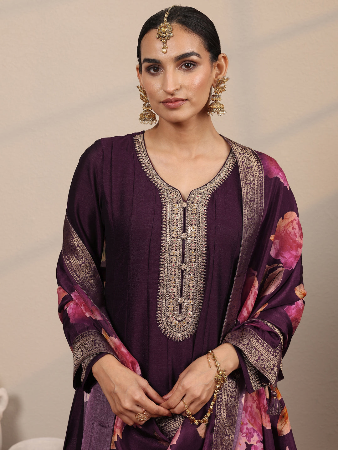  Burgundy Embroidered Silk Blend A-Line Gown With Dupatta 