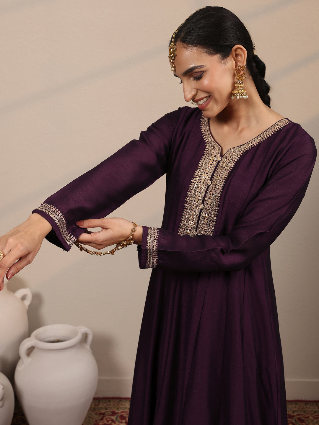  Burgundy Embroidered Silk Blend A-Line Gown With Dupatta 