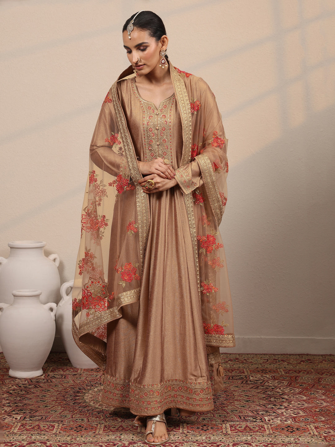  Taupe Embroidered Silk Blend A-Line Gown With Dupatta 