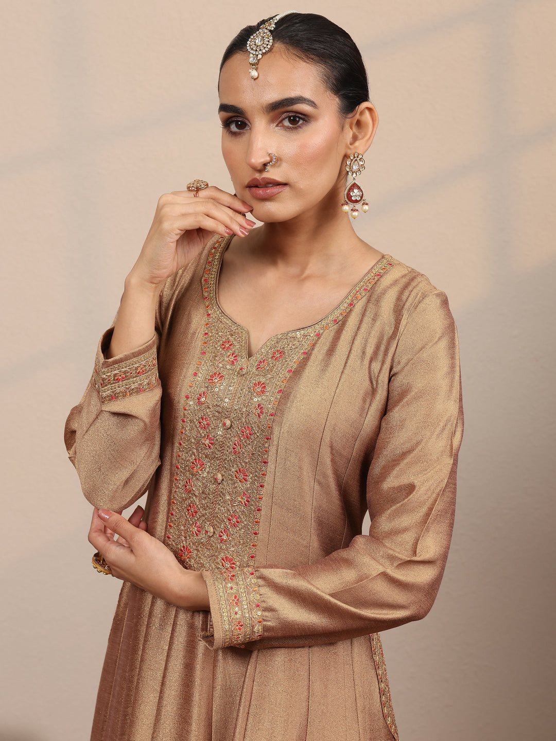  Taupe Embroidered Silk Blend A-Line Gown With Dupatta 