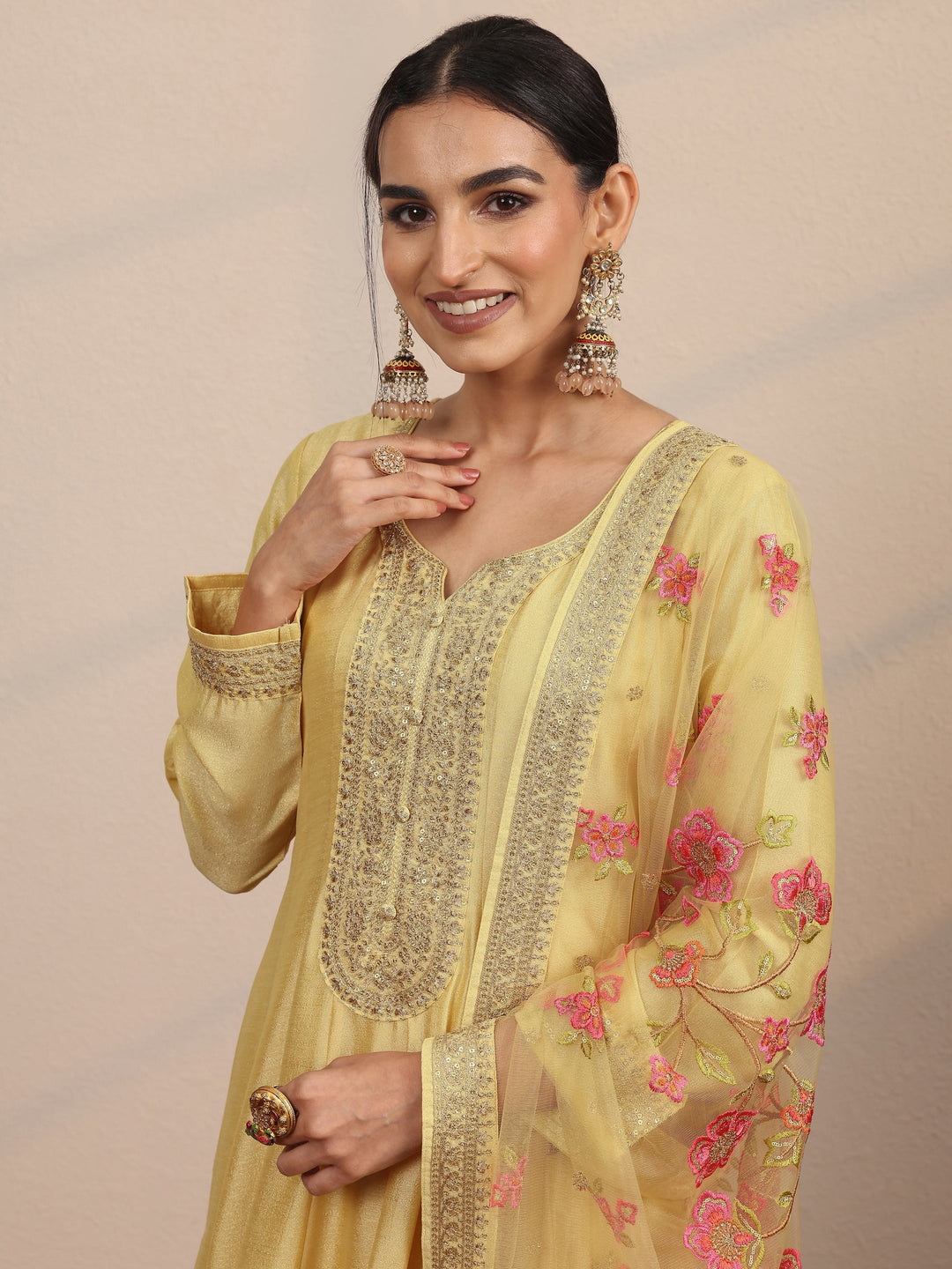  Yellow Embroidered Silk Blend A-Line Gown With Dupatta 