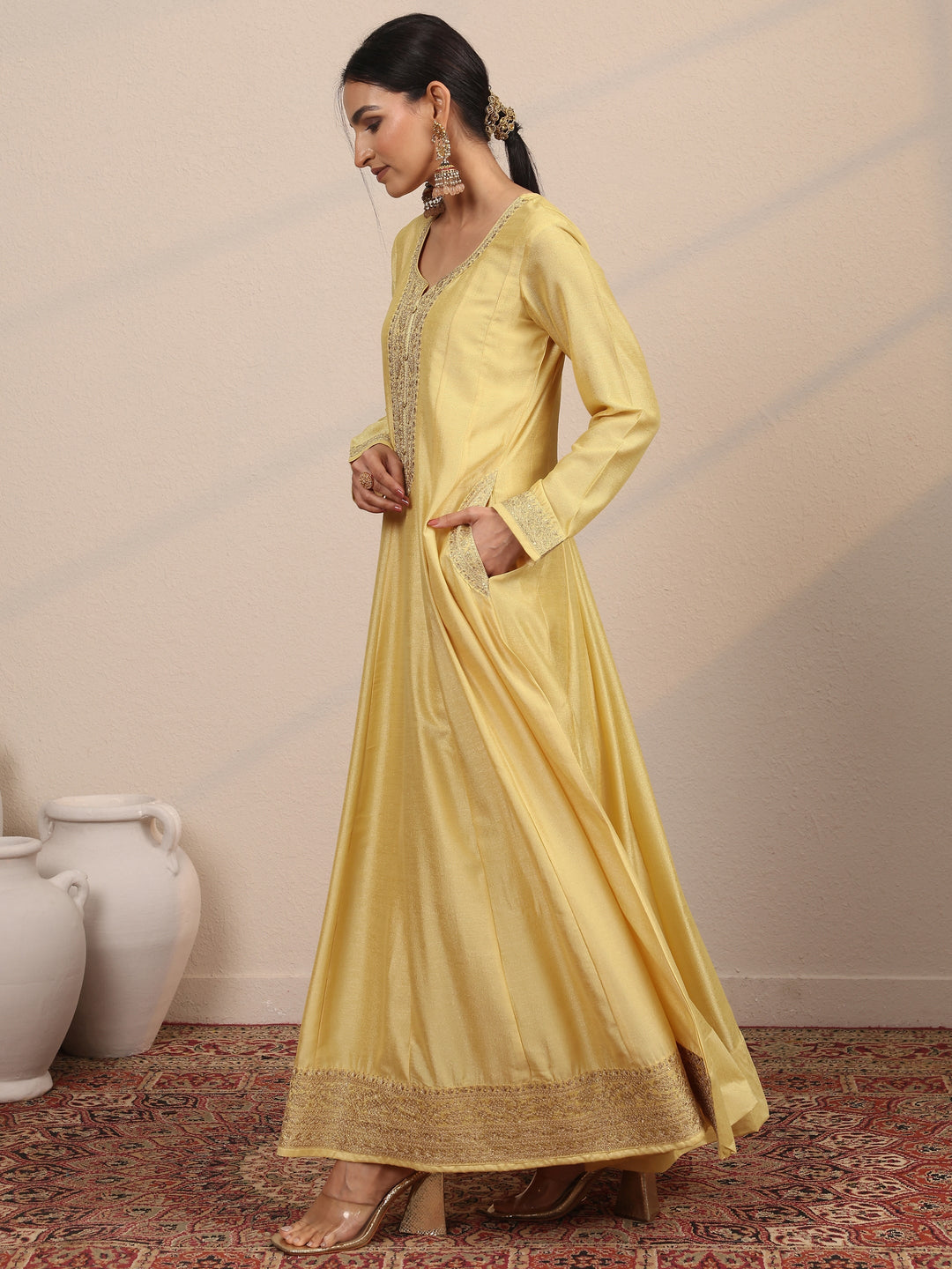  Yellow Embroidered Silk Blend A-Line Gown With Dupatta 