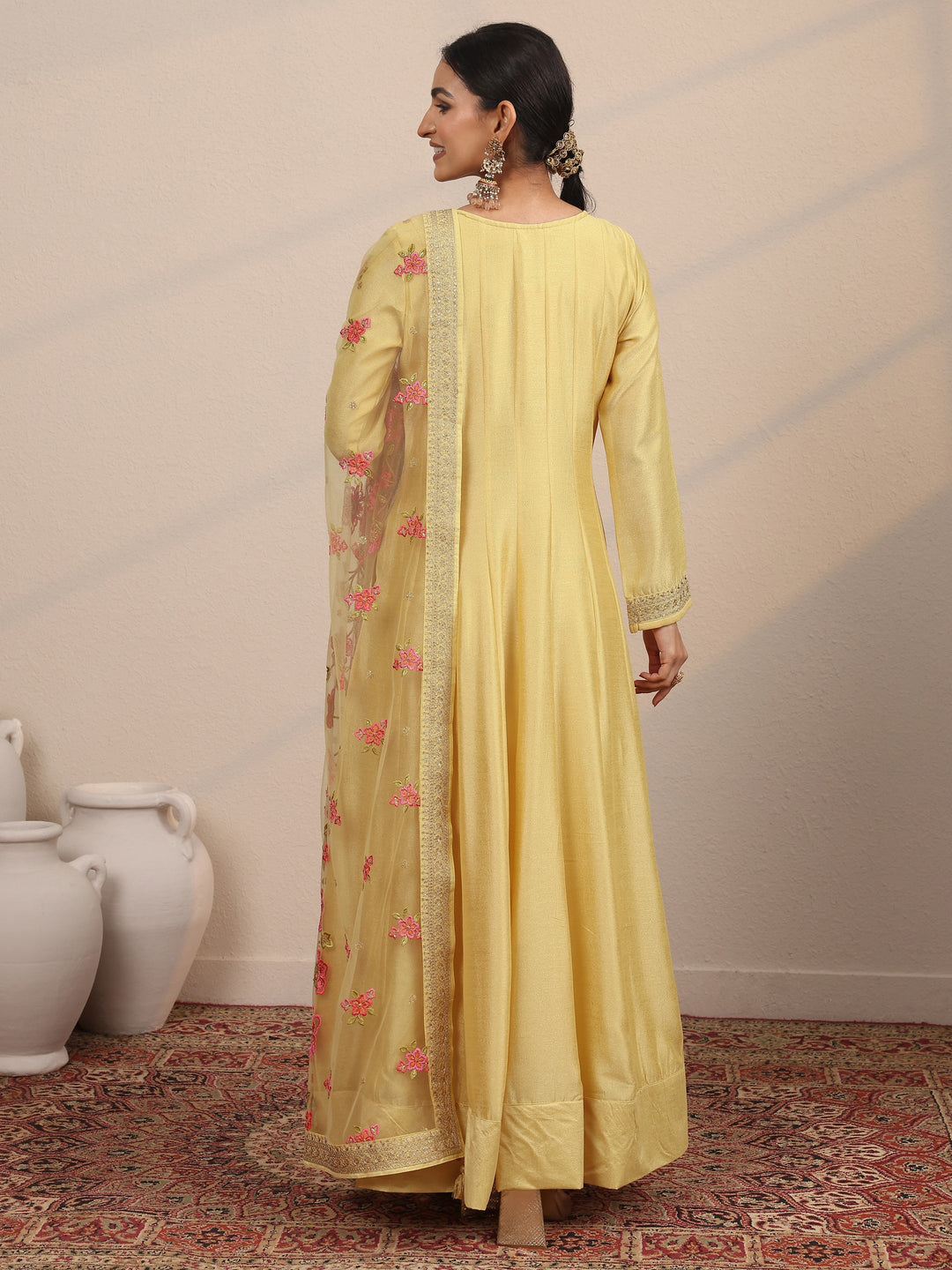  Yellow Embroidered Silk Blend A-Line Gown With Dupatta 