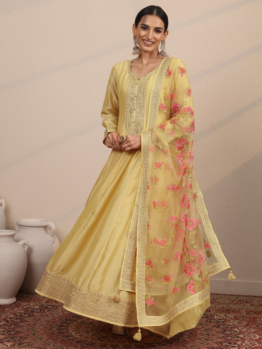  Yellow Embroidered Silk Blend A-Line Gown With Dupatta 
