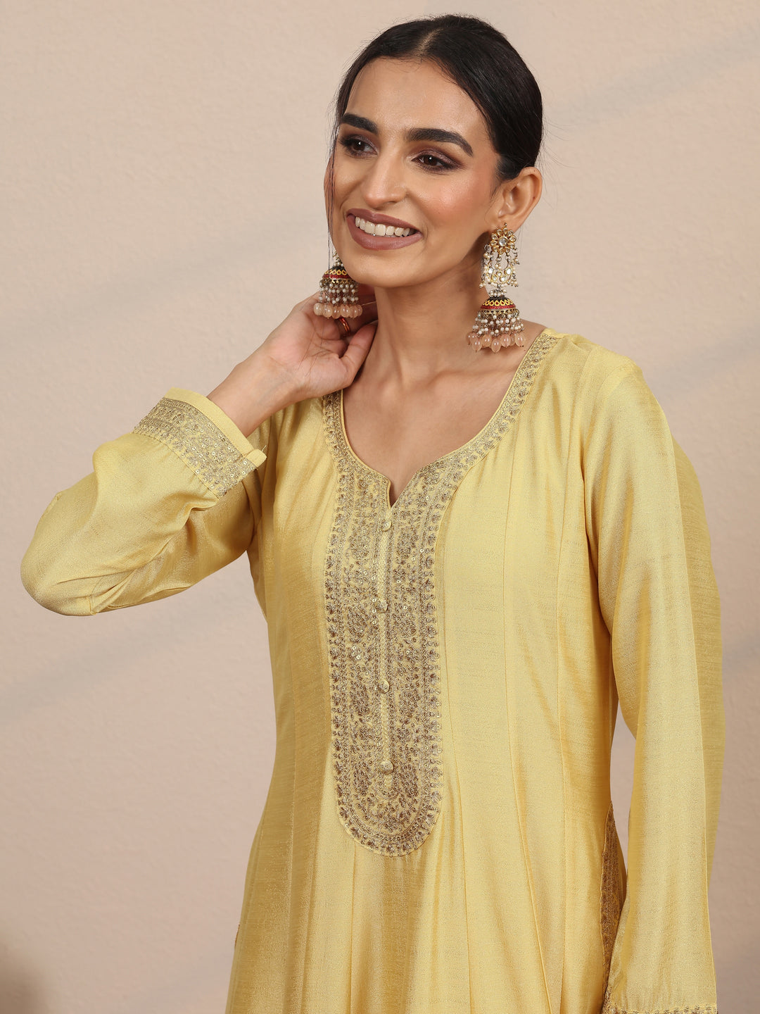  Yellow Embroidered Silk Blend A-Line Gown With Dupatta 