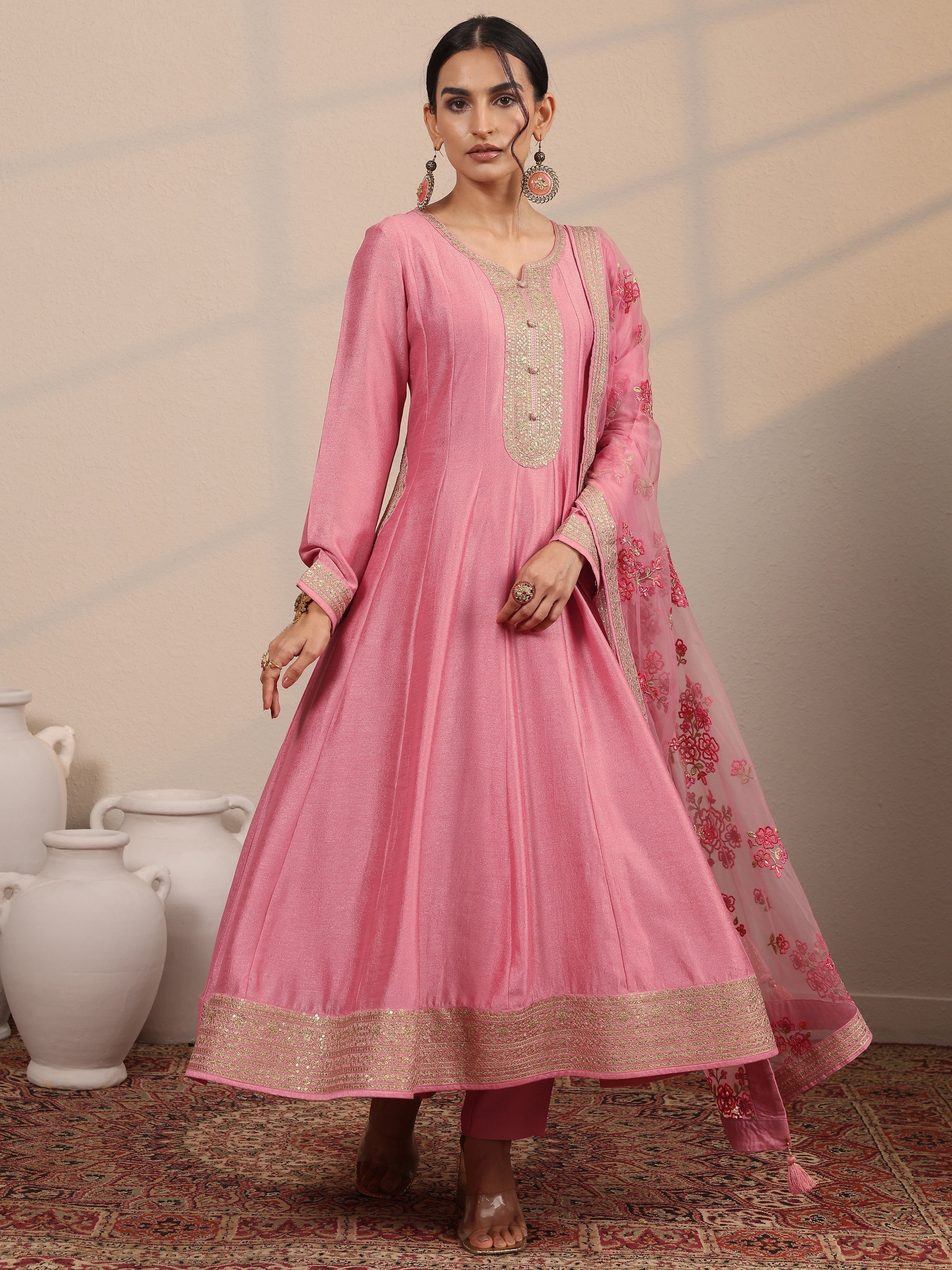 Pink Embroidered Silk Blend A-Line Gown With Dupatta-image-31