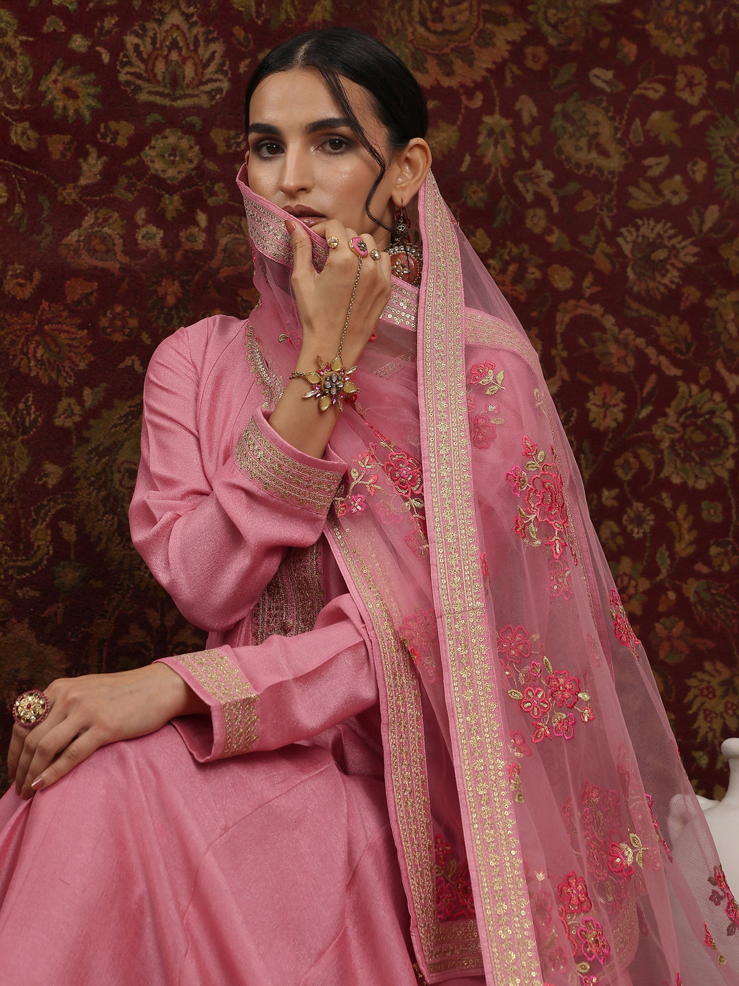  Pink Embroidered Silk Blend A-Line Gown With Dupatta 