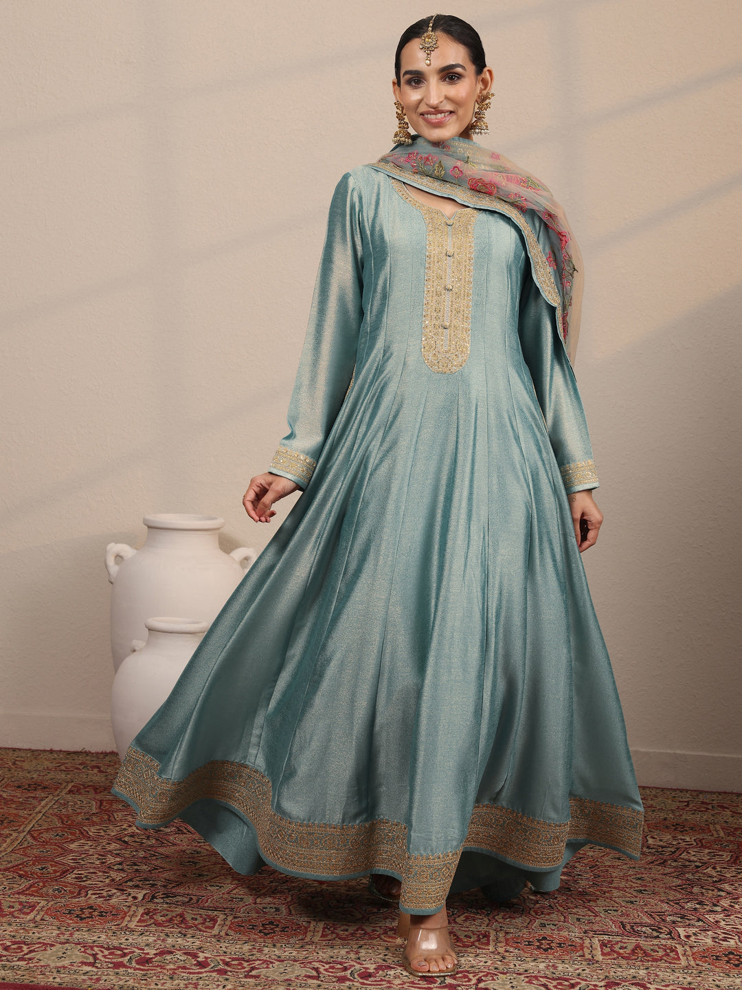 Buy Blue Embroidered Silk Blend A-Line Gown With Dupatta Online at Rs.2399 | Libas Buy Blue Embroidered Silk Blend A-Line Gown With Dupatta Online at Rs.2399 | Libas