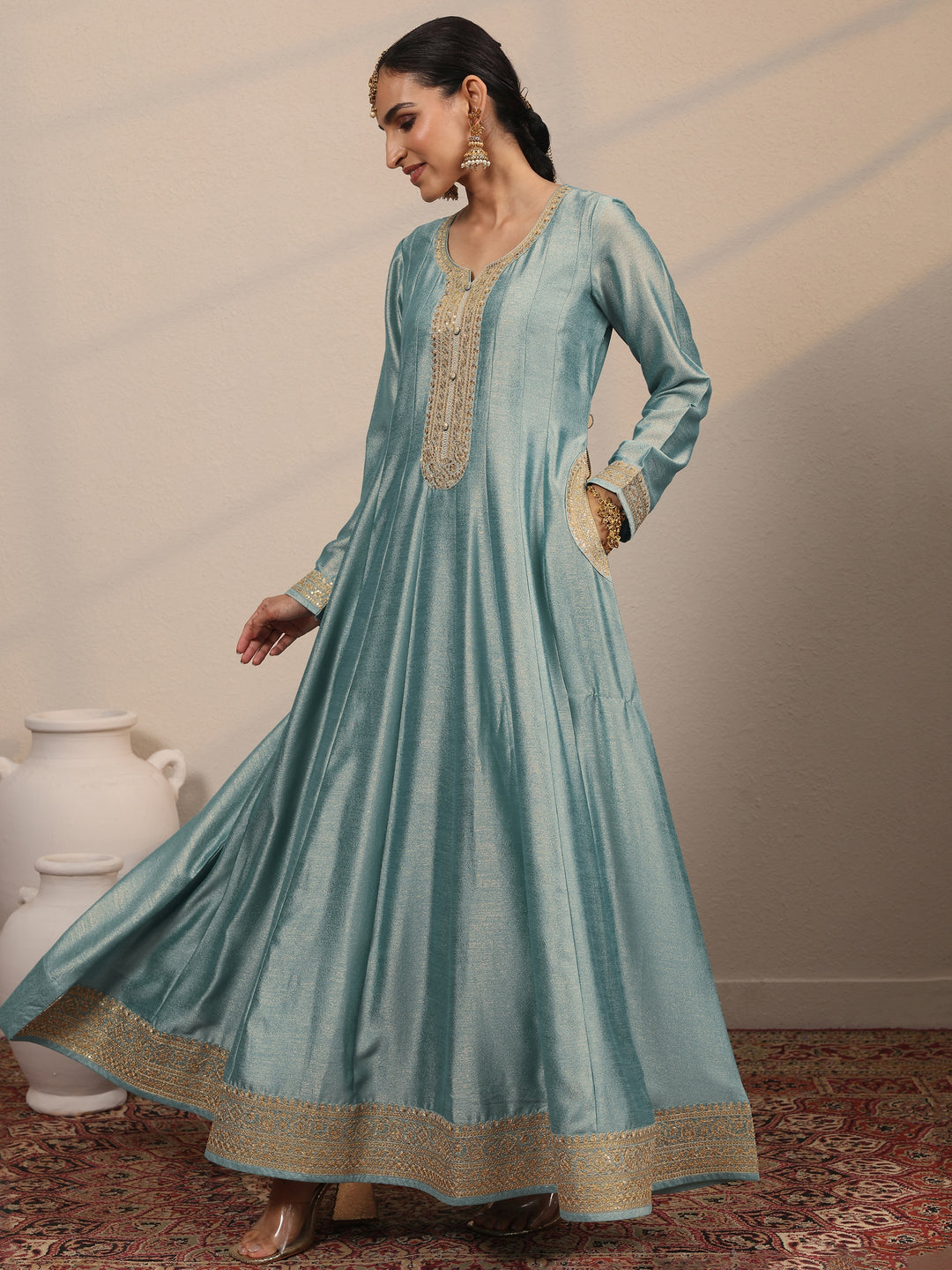  Blue Embroidered Silk Blend A-Line Gown With Dupatta 