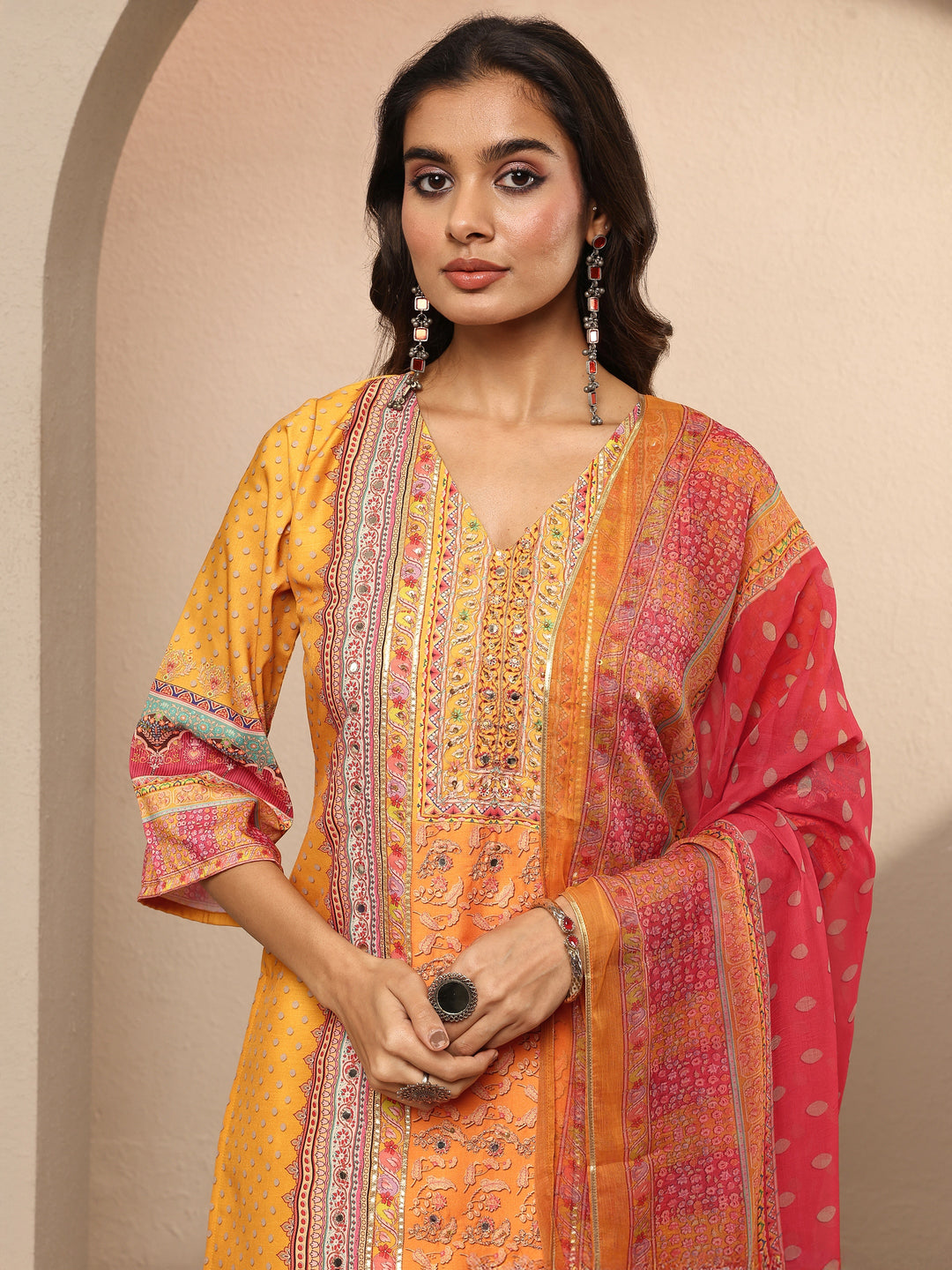  Multi Printed Silk Blend Straight Suit Set With Dupatta 