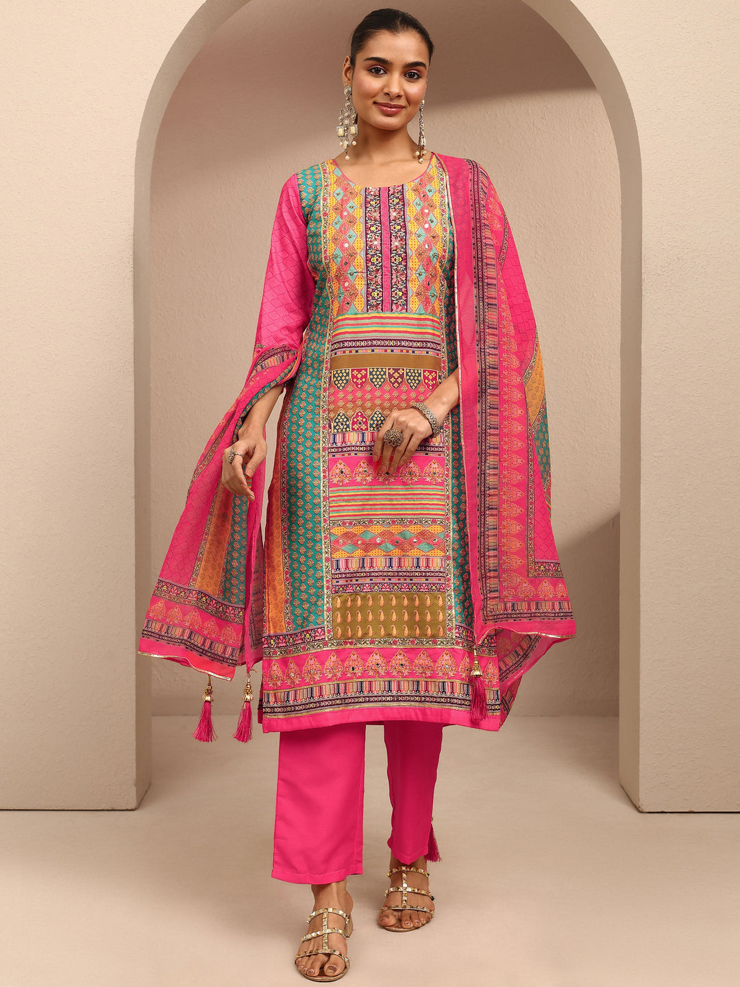  Multi Printed Silk Blend Straight Suit Set With Dupatta 