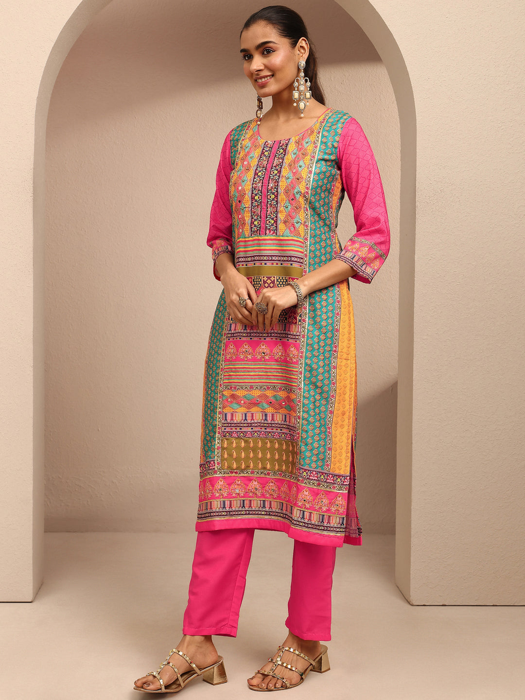  Multi Printed Silk Blend Straight Suit Set With Dupatta 