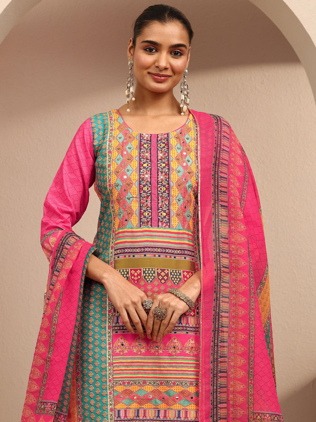  Multi Printed Silk Blend Straight Suit Set With Dupatta 