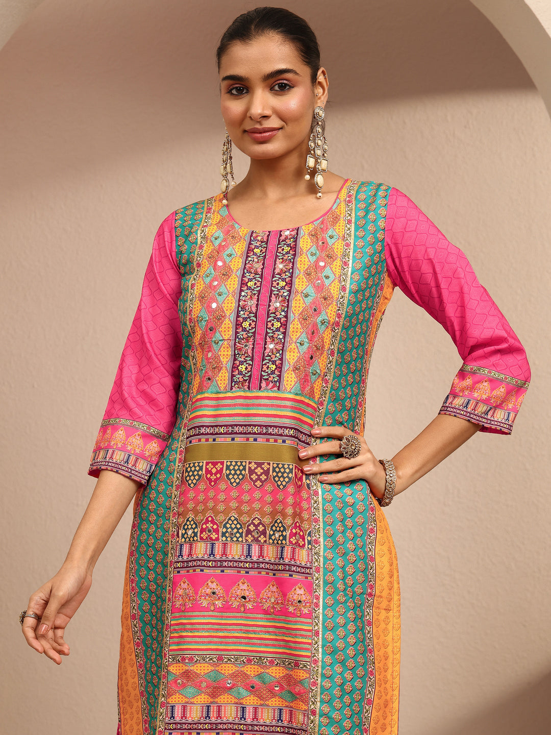  Multi Printed Silk Blend Straight Suit Set With Dupatta 