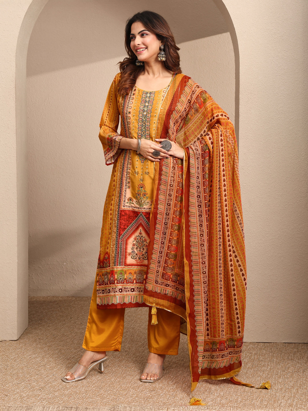  Multi Printed Silk Blend Straight Suit Set With Dupatta 