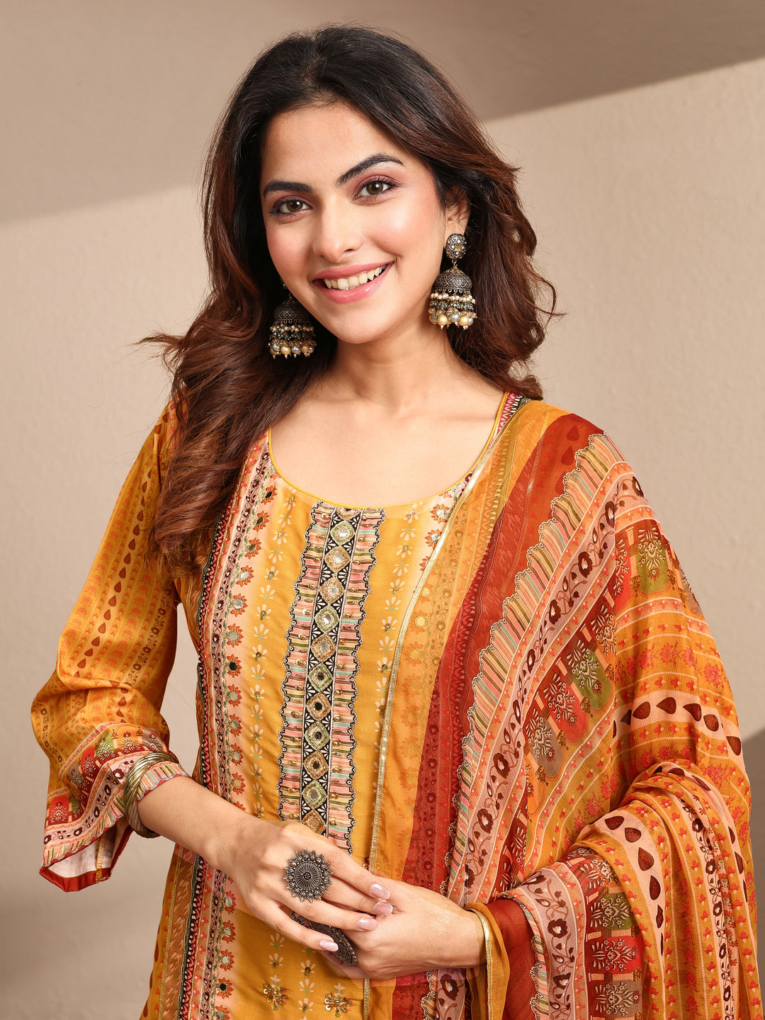  Multi Printed Silk Blend Straight Suit Set With Dupatta 