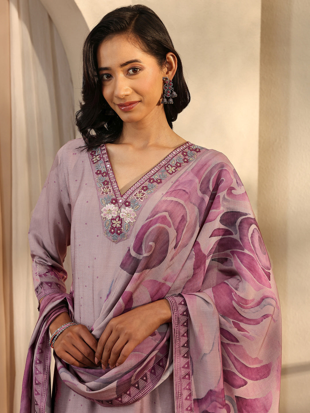  Mauve Printed Silk Blend Straight Suit Set With Dupatta 