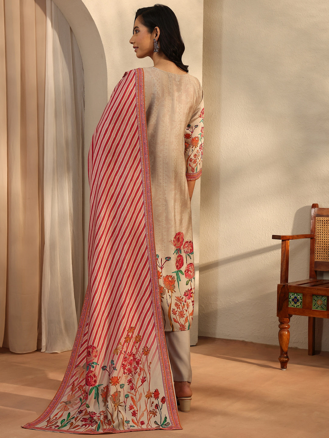  Beige Printed Silk Blend Straight Suit Set With Dupatta 