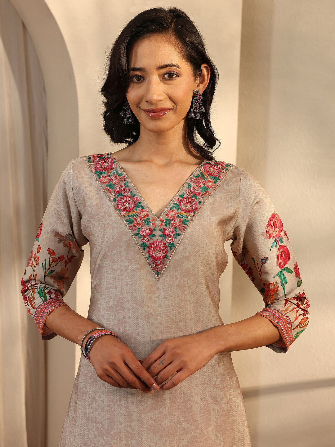  Beige Printed Silk Blend Straight Suit Set With Dupatta 