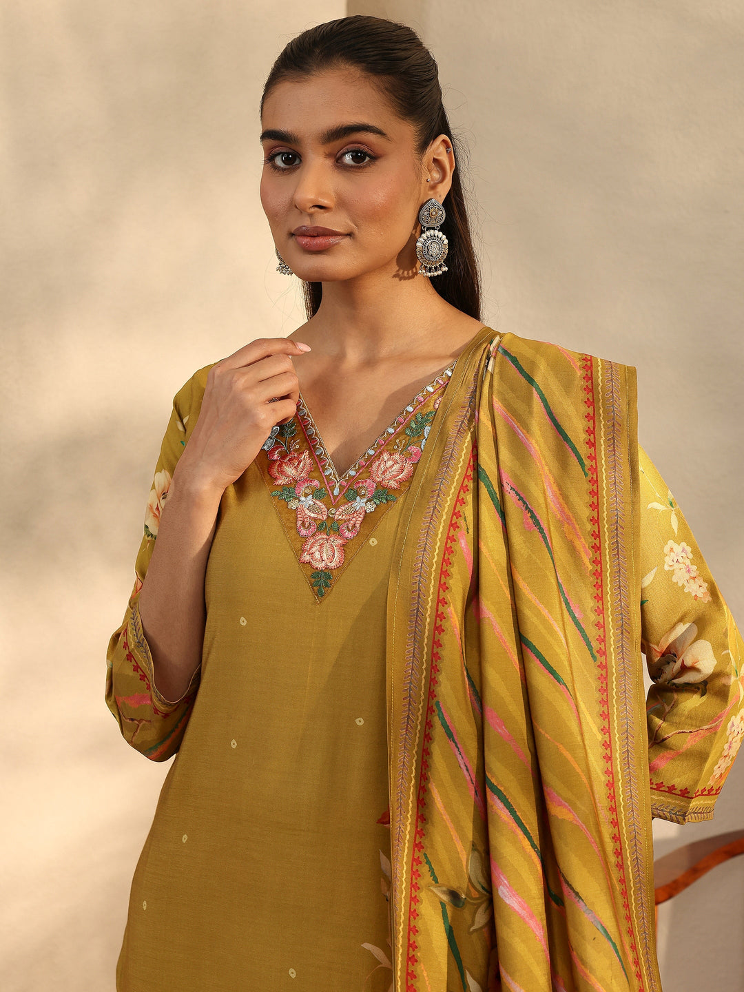  Mustard Printed Silk Blend Straight Suit Set With Dupatta 