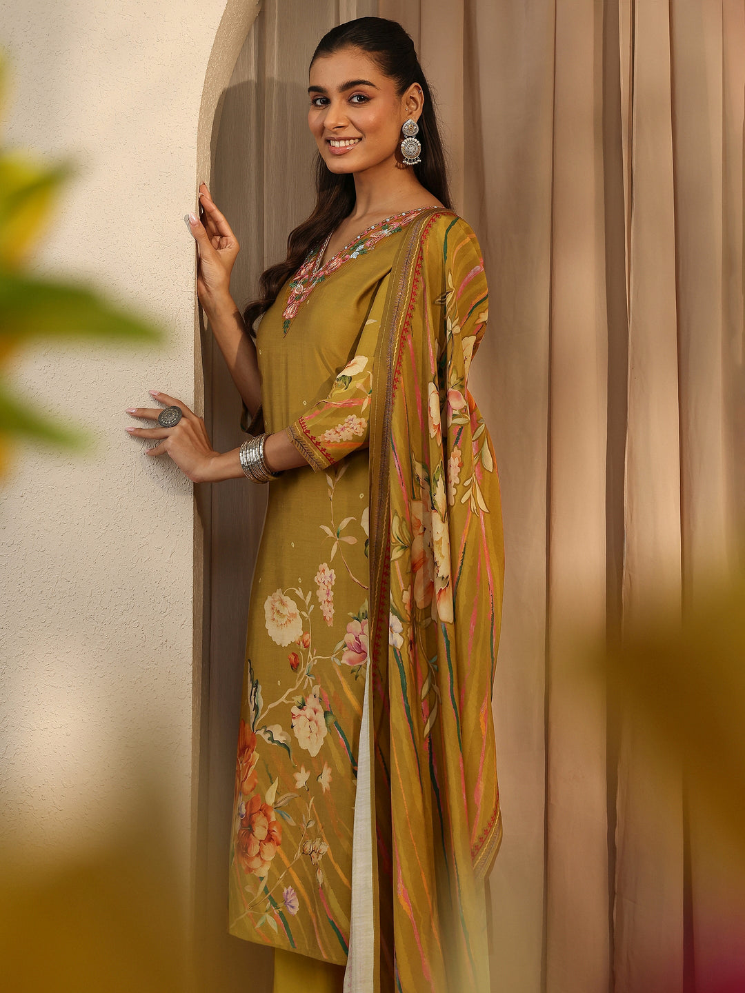  Mustard Printed Silk Blend Straight Suit Set With Dupatta 