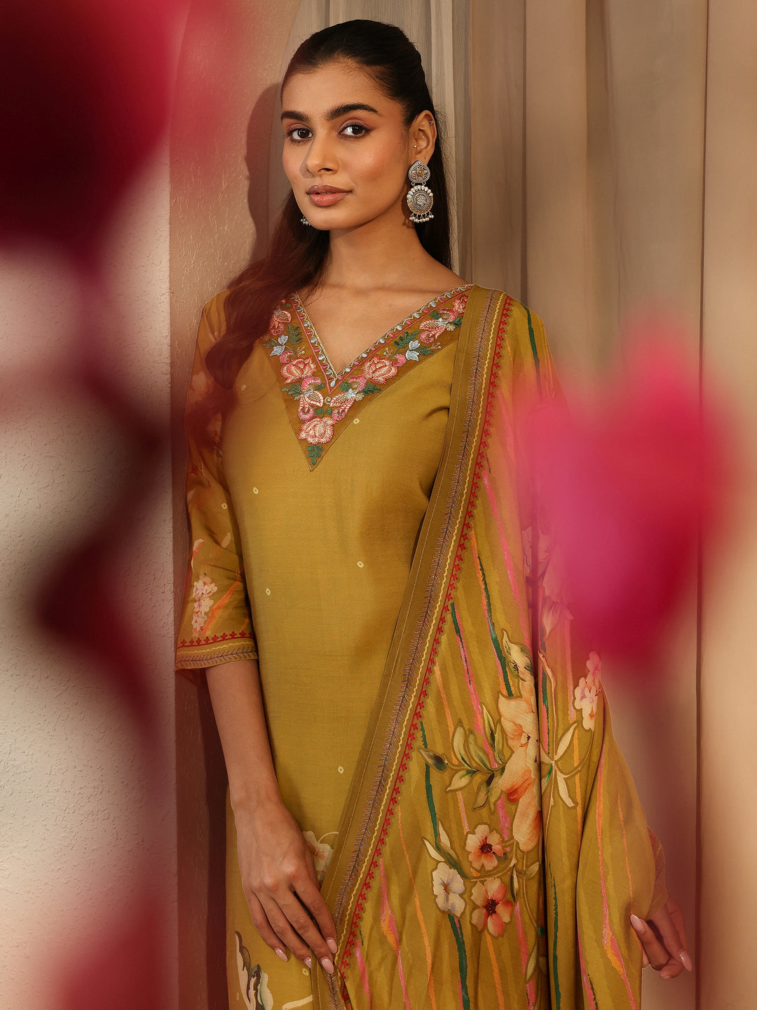  Mustard Printed Silk Blend Straight Suit Set With Dupatta 