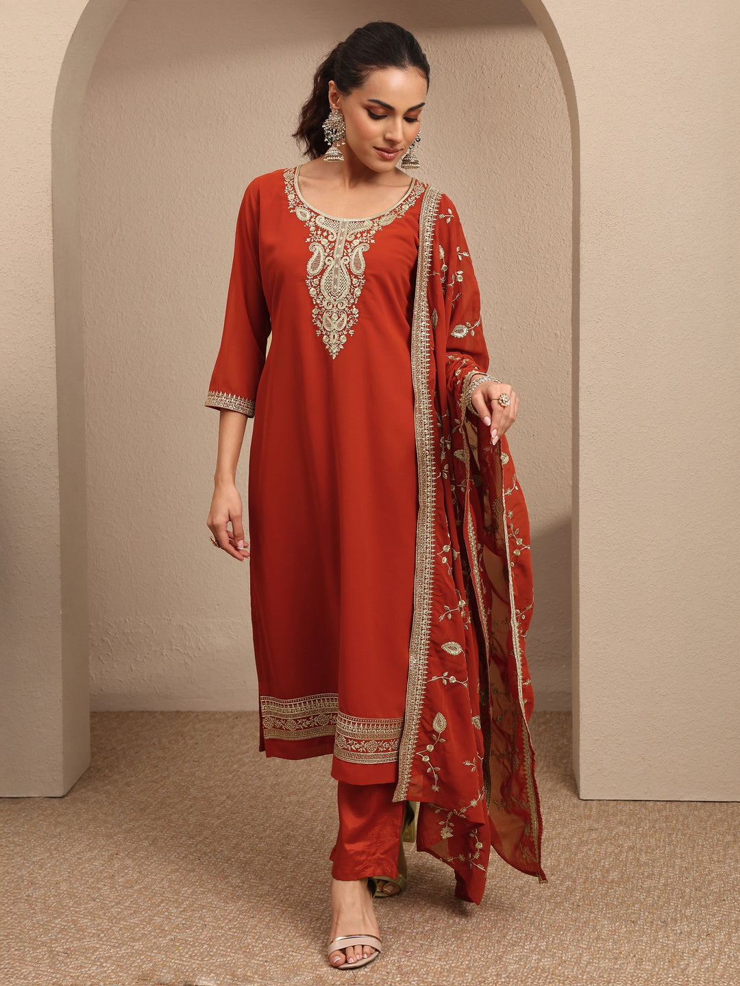  Orange Embroidered Georgette Straight Suit Set With Dupatta 