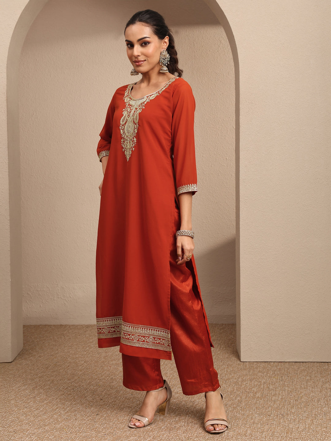  Orange Embroidered Georgette Straight Suit Set With Dupatta 