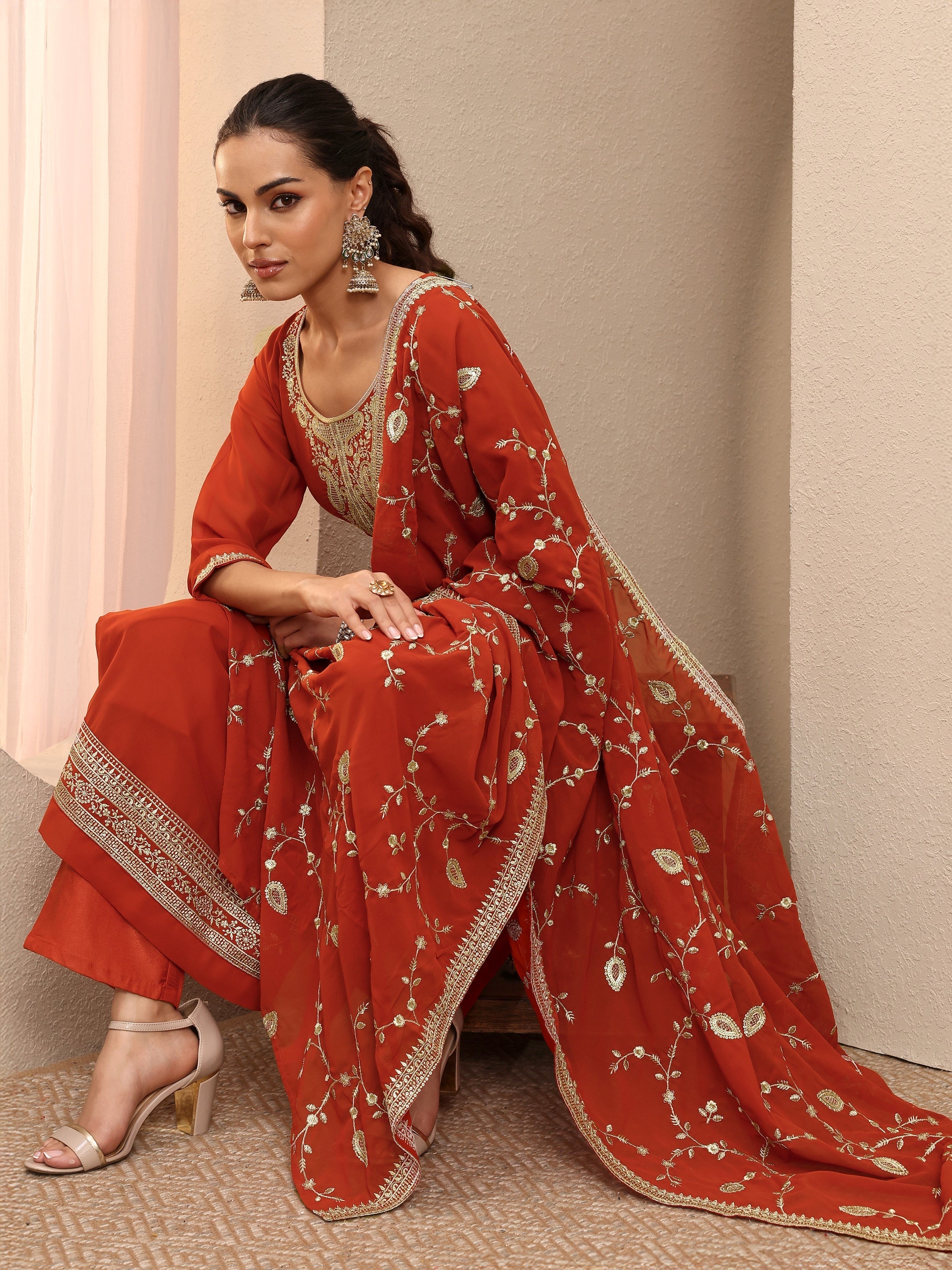 libas Orange Embroidered Georgette Straight Suit Set With Dupatta-picture-33