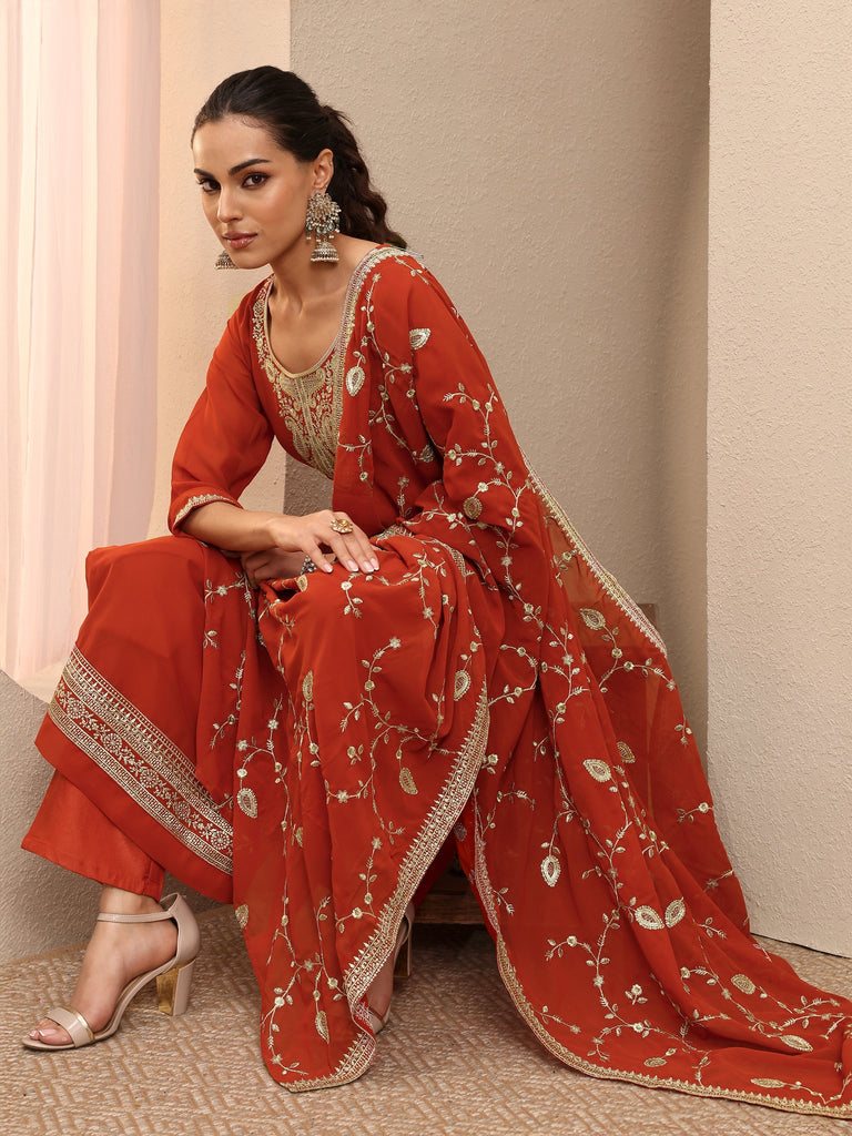 Libas Orange Embroidered Georgette Straight Suit Set With Dupatta