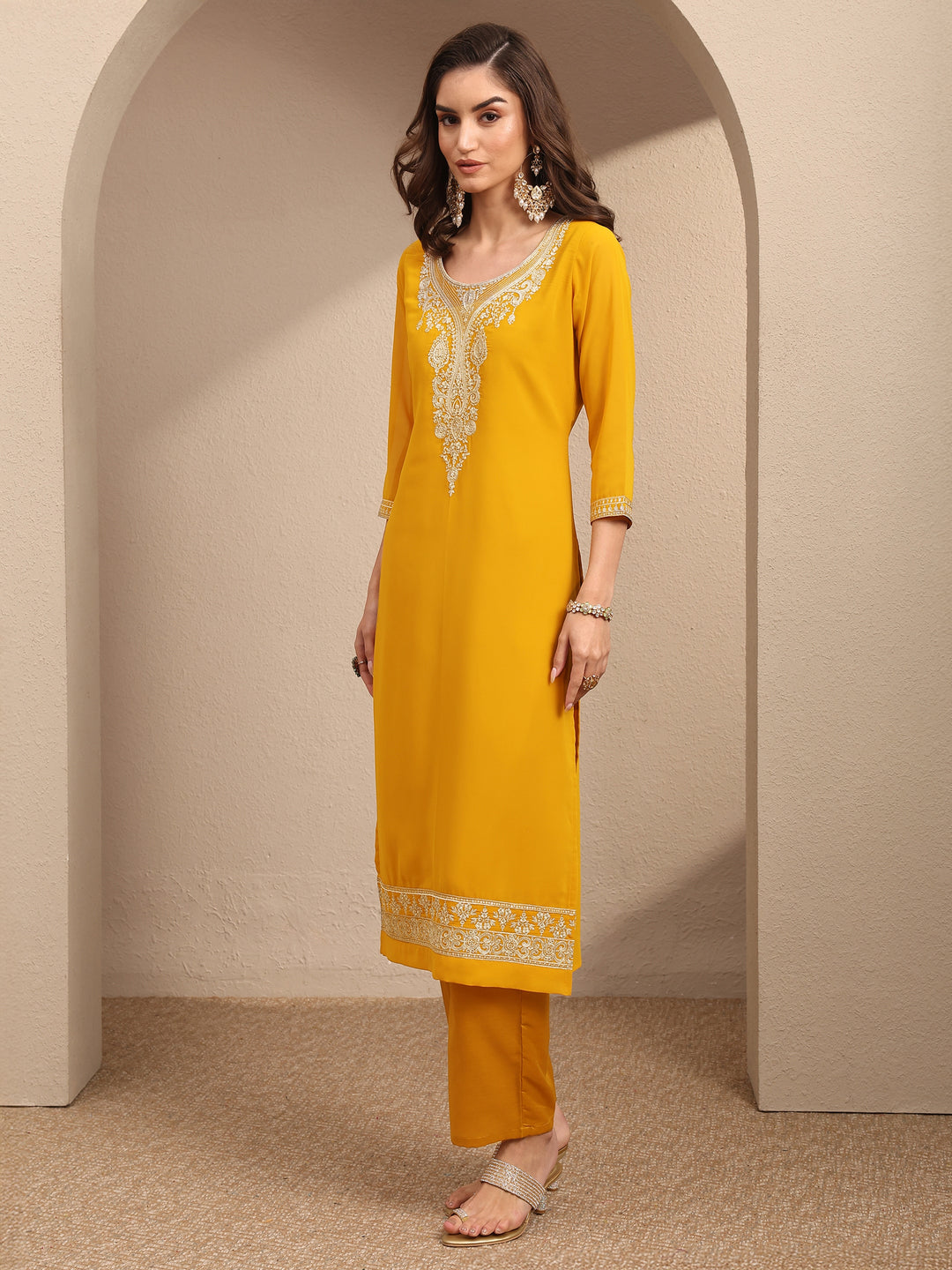  Yellow Embroidered Georgette Straight Suit Set With Dupatta 