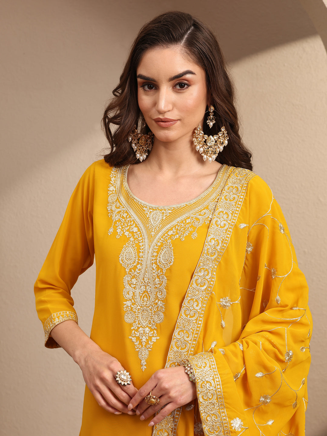  Yellow Embroidered Georgette Straight Suit Set With Dupatta 