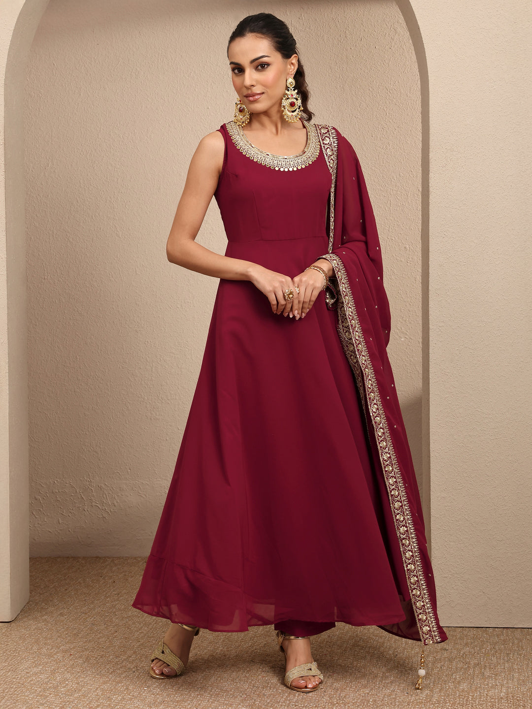  Maroon Embellished Georgette Anarkali Suit Set With Dupatta 