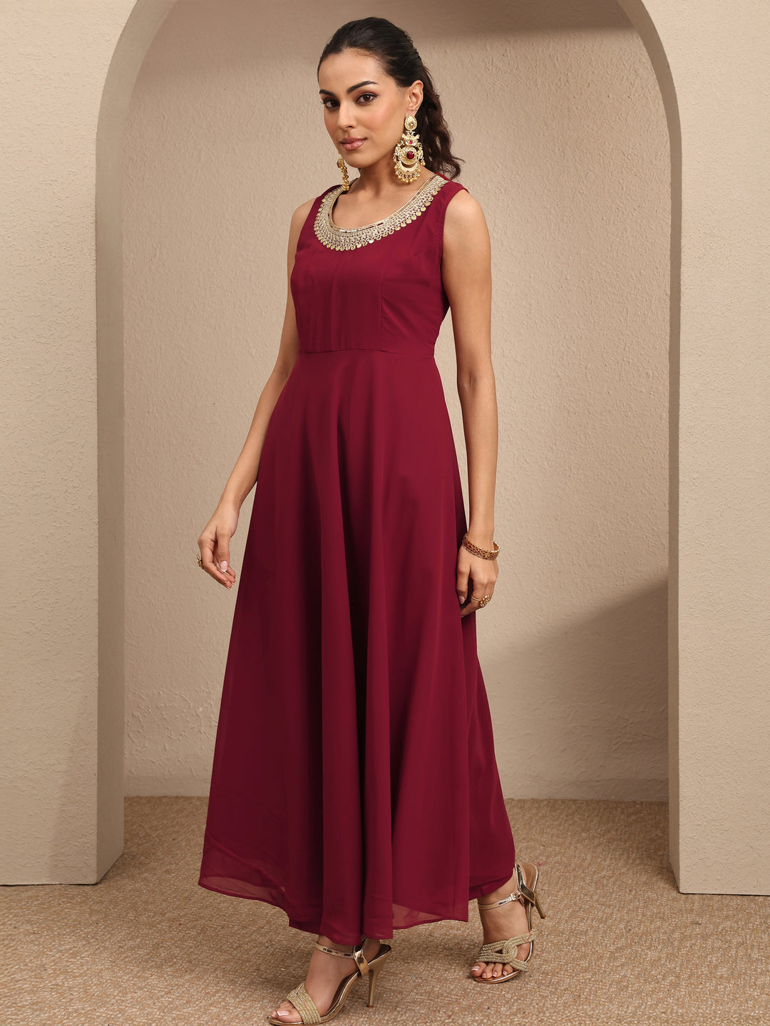  Maroon Embellished Georgette Anarkali Suit Set With Dupatta 