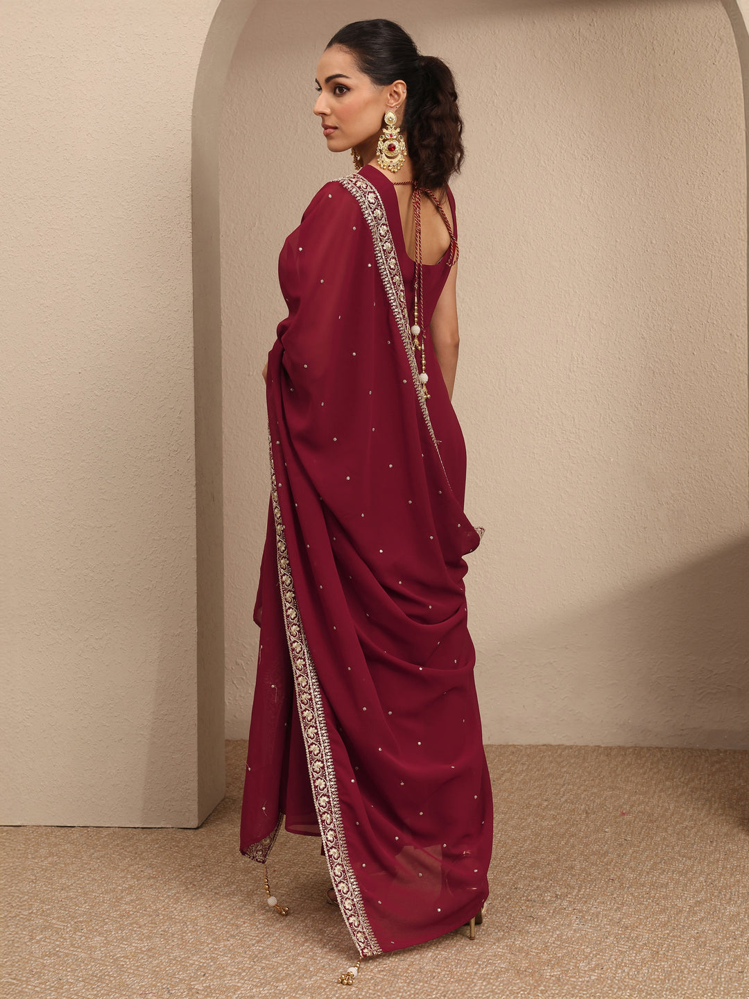  Maroon Embellished Georgette Anarkali Suit Set With Dupatta 