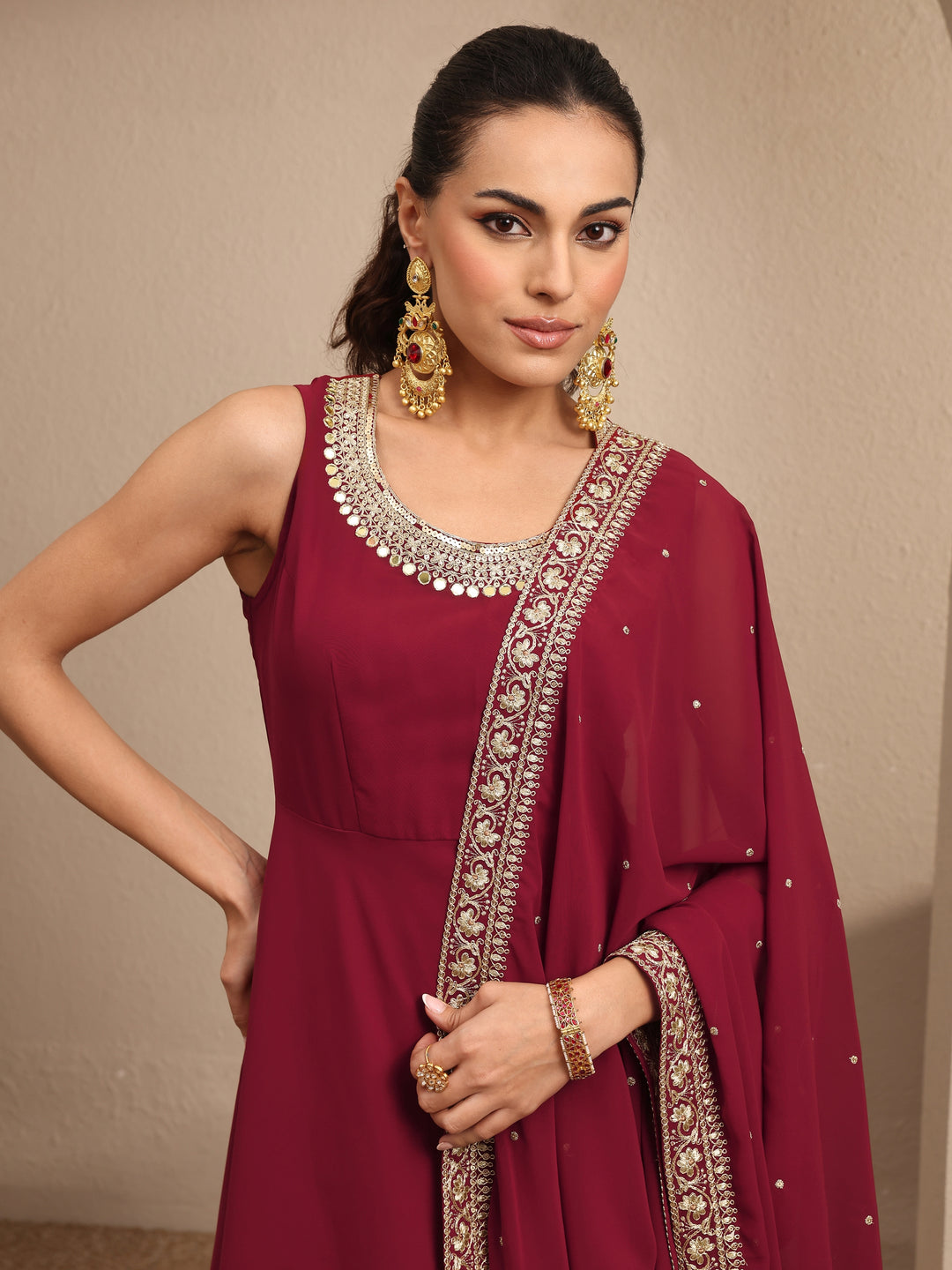  Maroon Embellished Georgette Anarkali Suit Set With Dupatta 