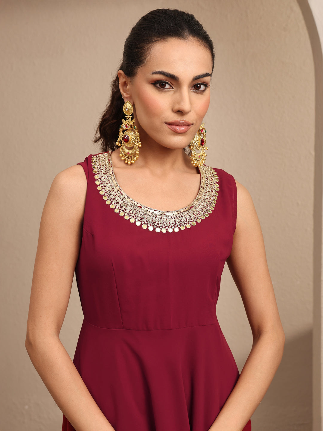  Maroon Embellished Georgette Anarkali Suit Set With Dupatta 
