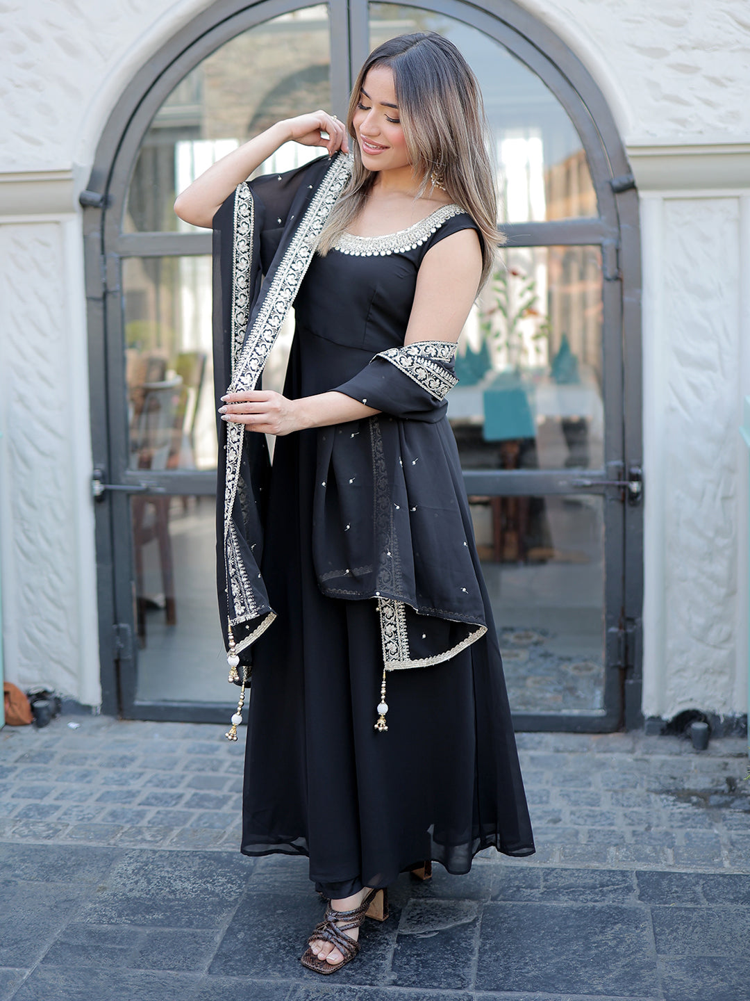 libas Black Embroidered Georgette Anarkali Suit Set With Dupatta-picture-12