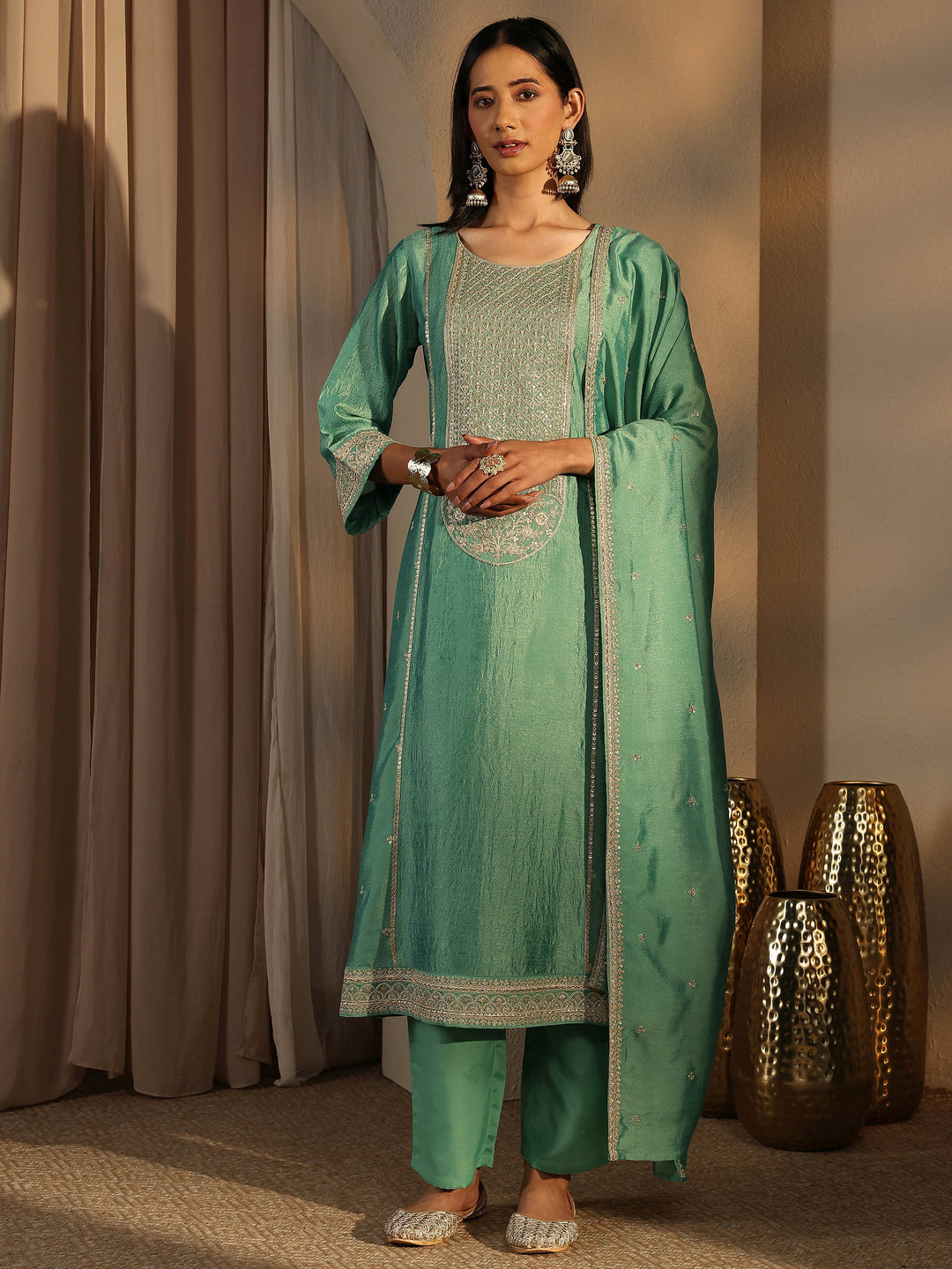  Sea Green Embroidered Silk Blend Straight Suit Set With Dupatta 