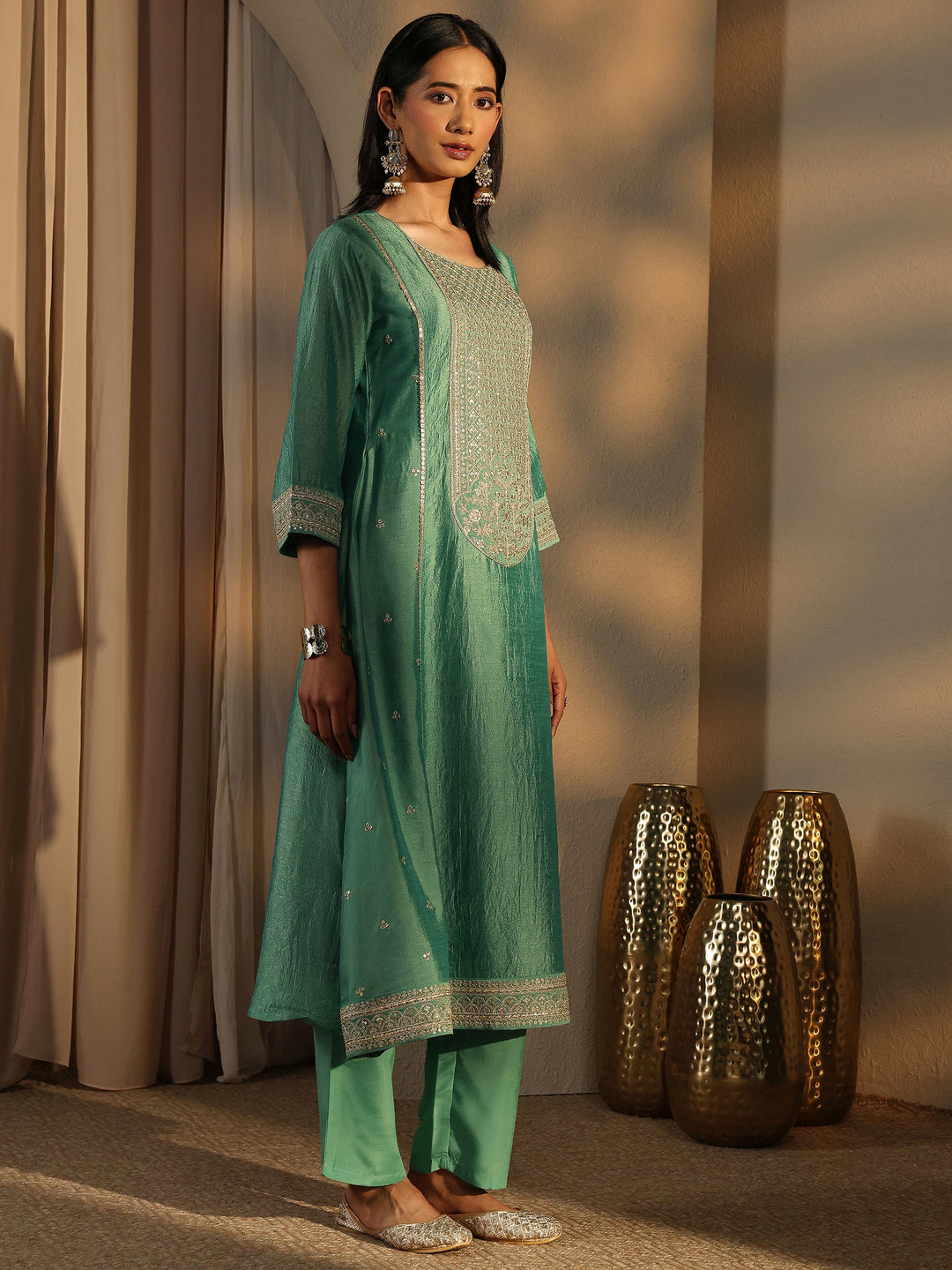  Sea Green Embroidered Silk Blend Straight Suit Set With Dupatta 